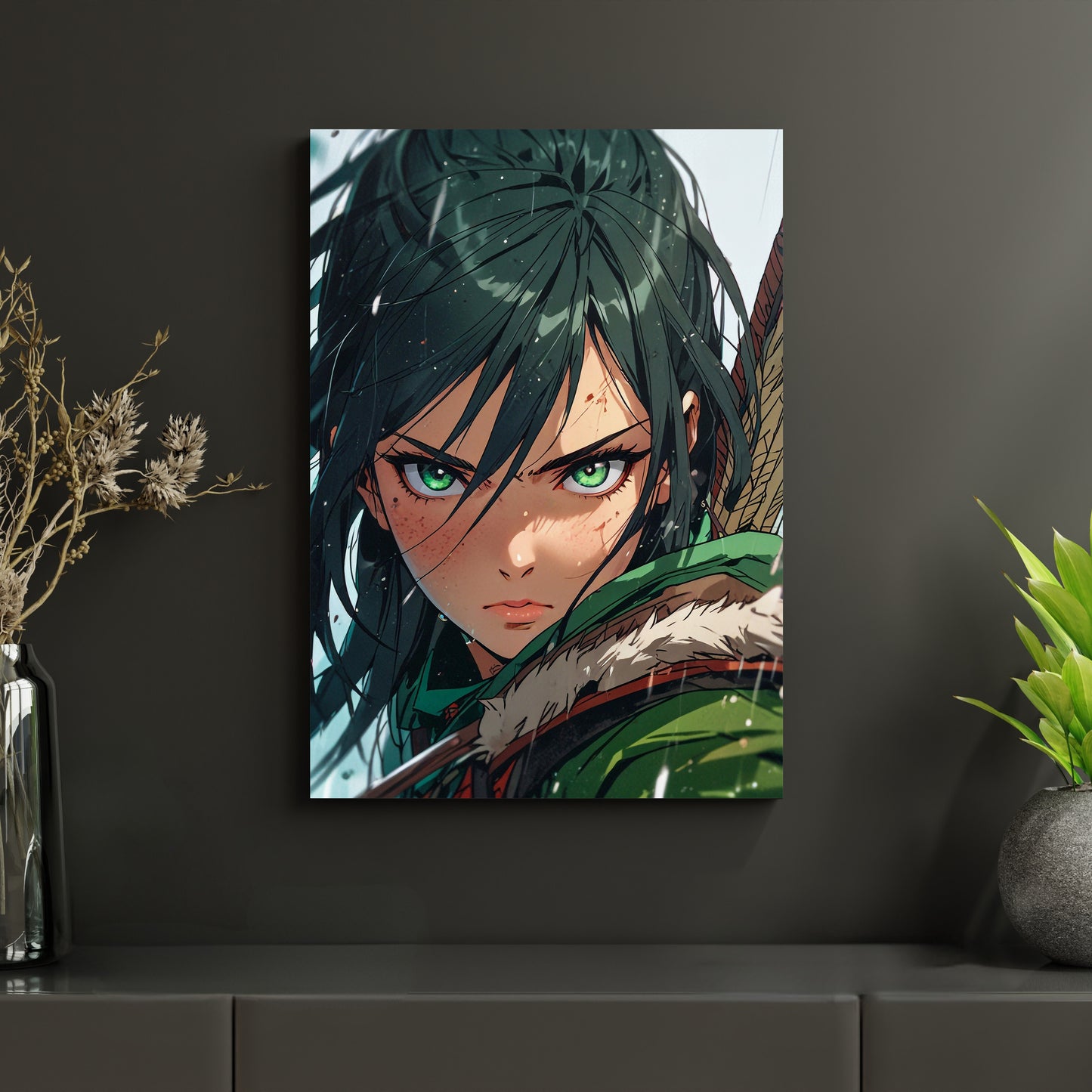 Das Metallposter 'Die Smaragdjägerin' zeigt eine eindrucksvolle Anime-Figur mit durchdringend grünen Augen, die Entschlossenheit und Stärke ausstrahlt. Diese Abenteuer-Kunst Poster ist eine hochwertige Fantasy-Wanddeko und ein ideales Geschenk für Kunstliebhaber und Fans von Anime-Kunst mit starken Frauen.