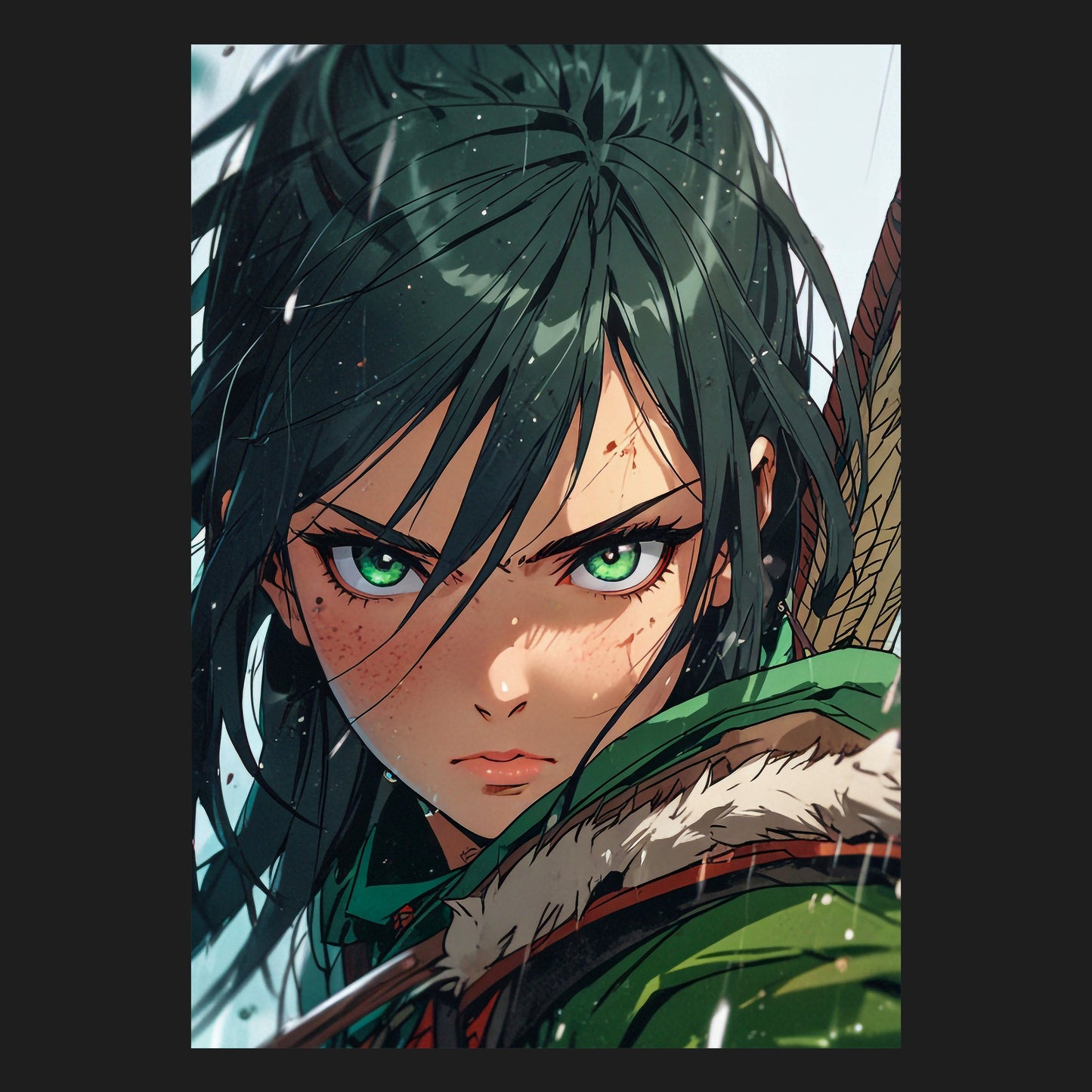 Das Motiv 'Die Smaragdjägerin' zeigt eine fesselnde Anime-Illustration einer mutigen Kriegerin mit smaragdgrünen Augen. Dieses Abenteuer-Kunst Poster ist eine ausdrucksstarke Fantasy-Wanddeko, die sich ideal als Geschenk für Abenteuerfans und Kunstliebhaber eignet.