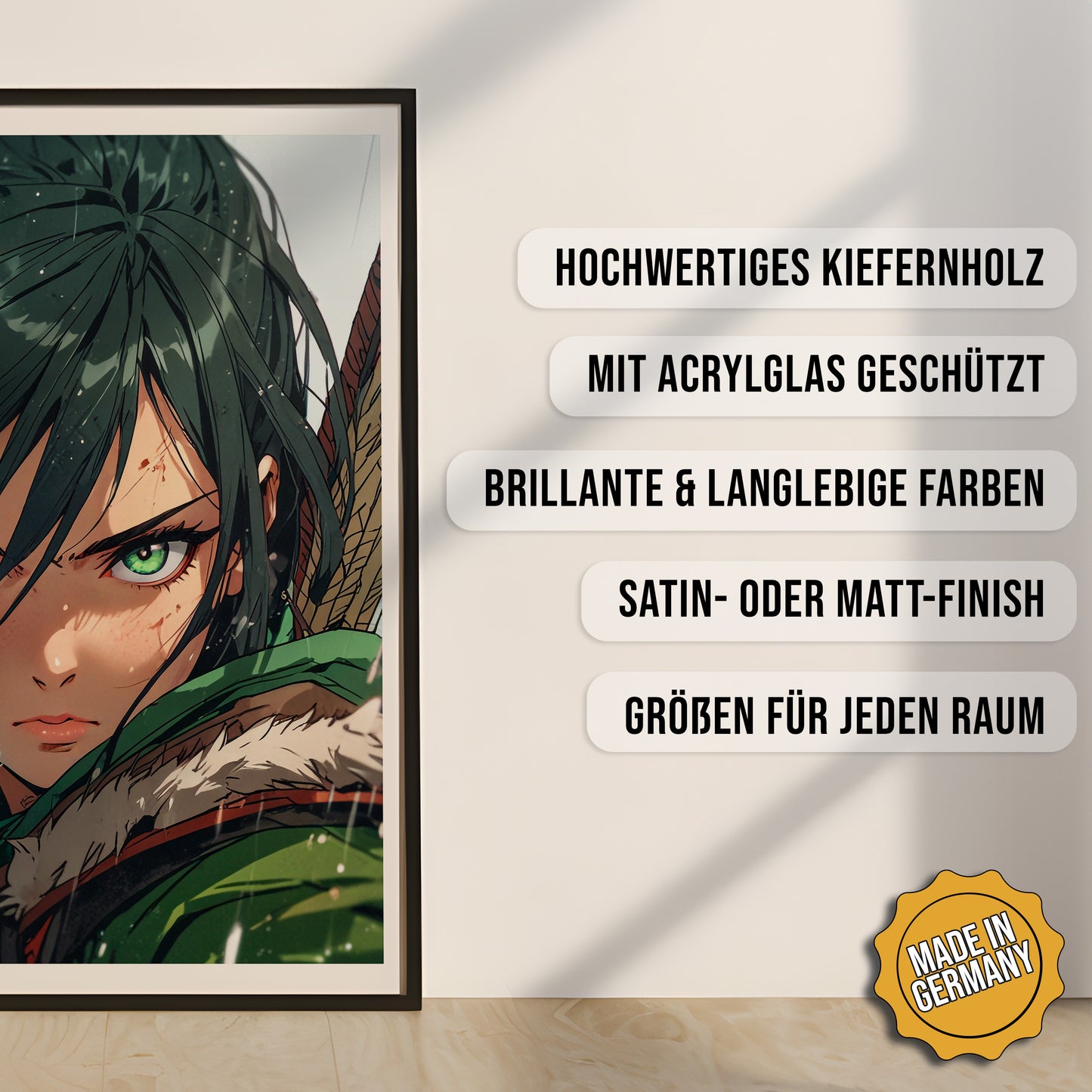 Produkt-Highlights zum gerahmten Poster Die Smaragdjägerin.
Hochwertiges Kiefernholz, mit Acrylglas geschützt, Brillante & langlebige Farben, satin- oder matt-finish, größen für jeden Raum, Made in Germany.