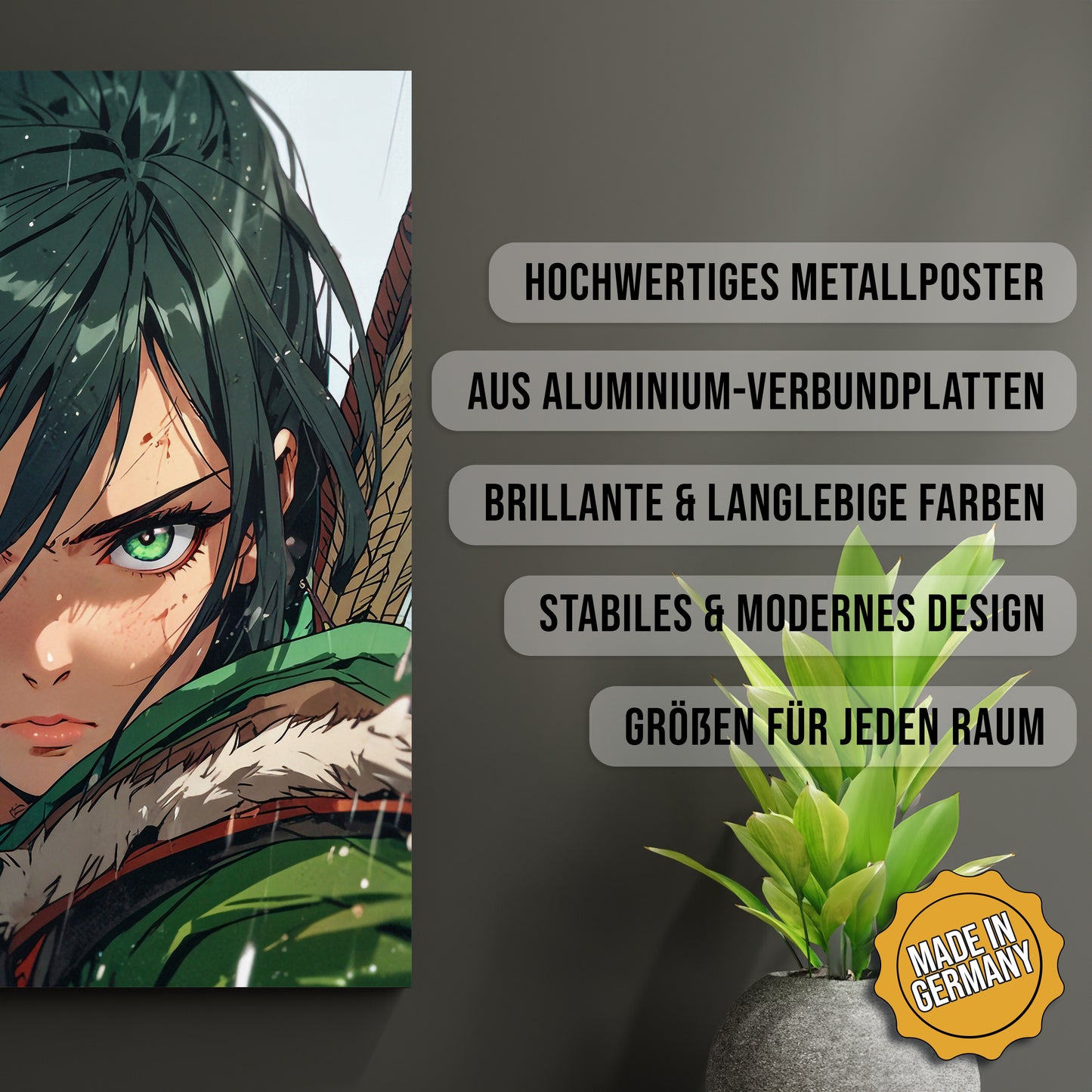 Produkt-Highlights zum Metallposter Die Smaragdjägerin. Hochwertiges Metallposter, aus Aluminium-Verbundplatten, Brillante & langlebige Farben, stabiles & modernes design, Größen für jeden Raum, Made in Germany.
