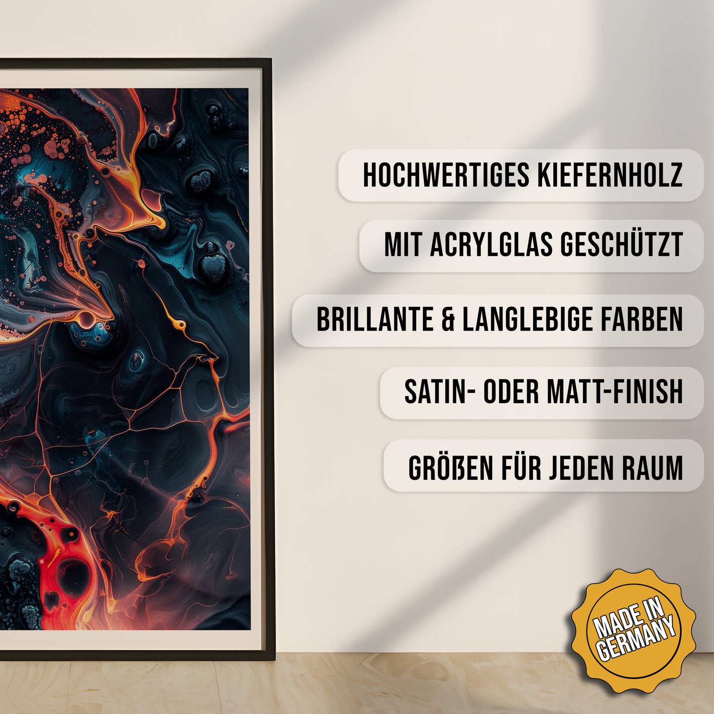 Produkt-Highlights zum gerahmten Poster Dunkle Materie.
Hochwertiges Kiefernholz, mit Acrylglas geschützt, Brillante & langlebige Farben, satin- oder matt-finish, größen für jeden Raum, Made in Germany.