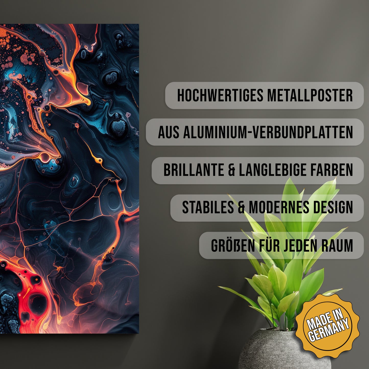 Produkt-Highlights zum Metallposter Dunkle Materie. Hochwertiges Metallposter, aus Aluminium-Verbundplatten, Brillante & langlebige Farben, stabiles & modernes design, Größen für jeden Raum, Made in Germany.