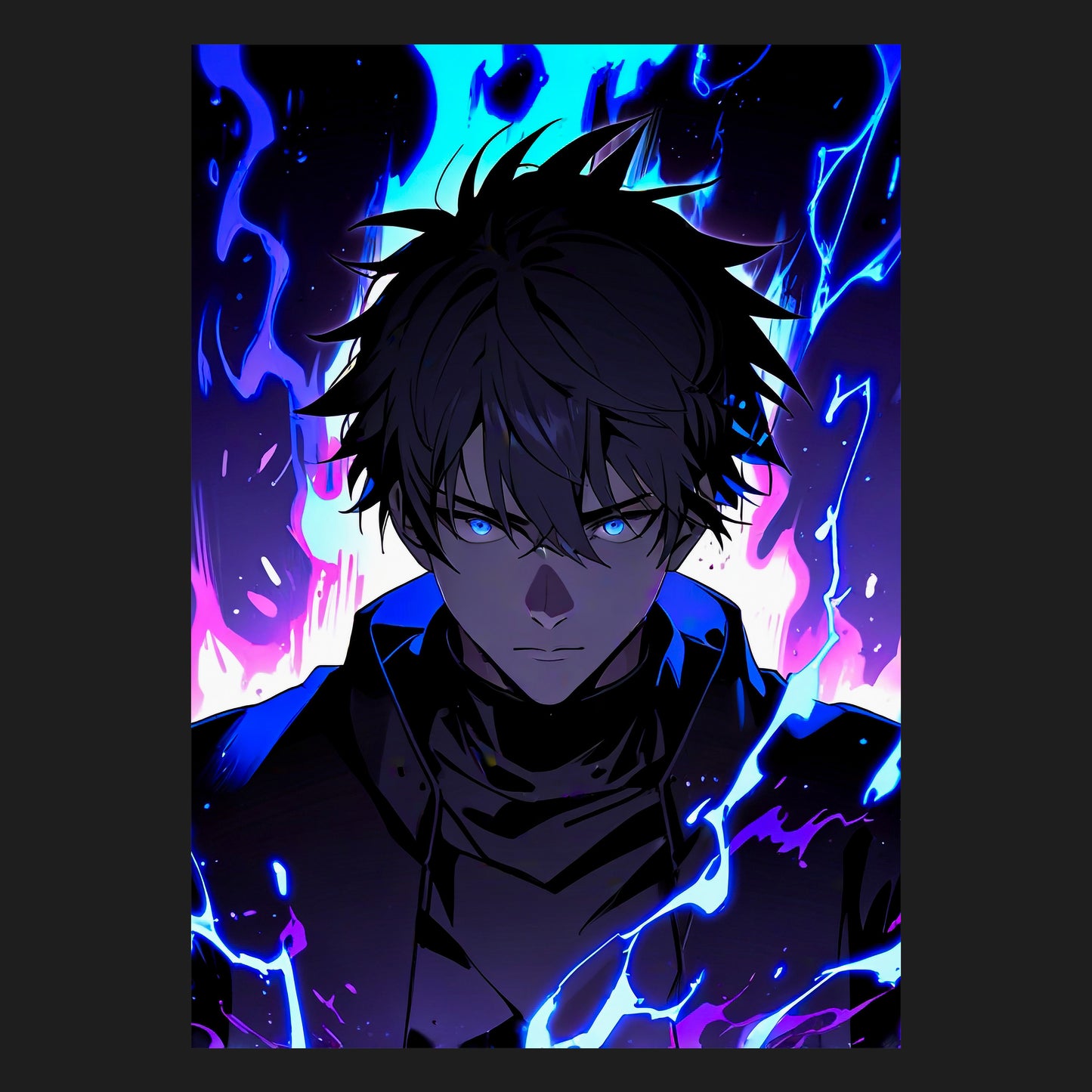 Dynamisches Anime-Porträt eines jungen Mannes mit leuchtend blauen Augen, umgeben von blauer und violetter Energie. Das Motiv erinnert stilistisch an moderne Fantasy-Welten und dunkle Heldenreisen – perfekt für Fans kraftvoller Anime-Ästhetik.