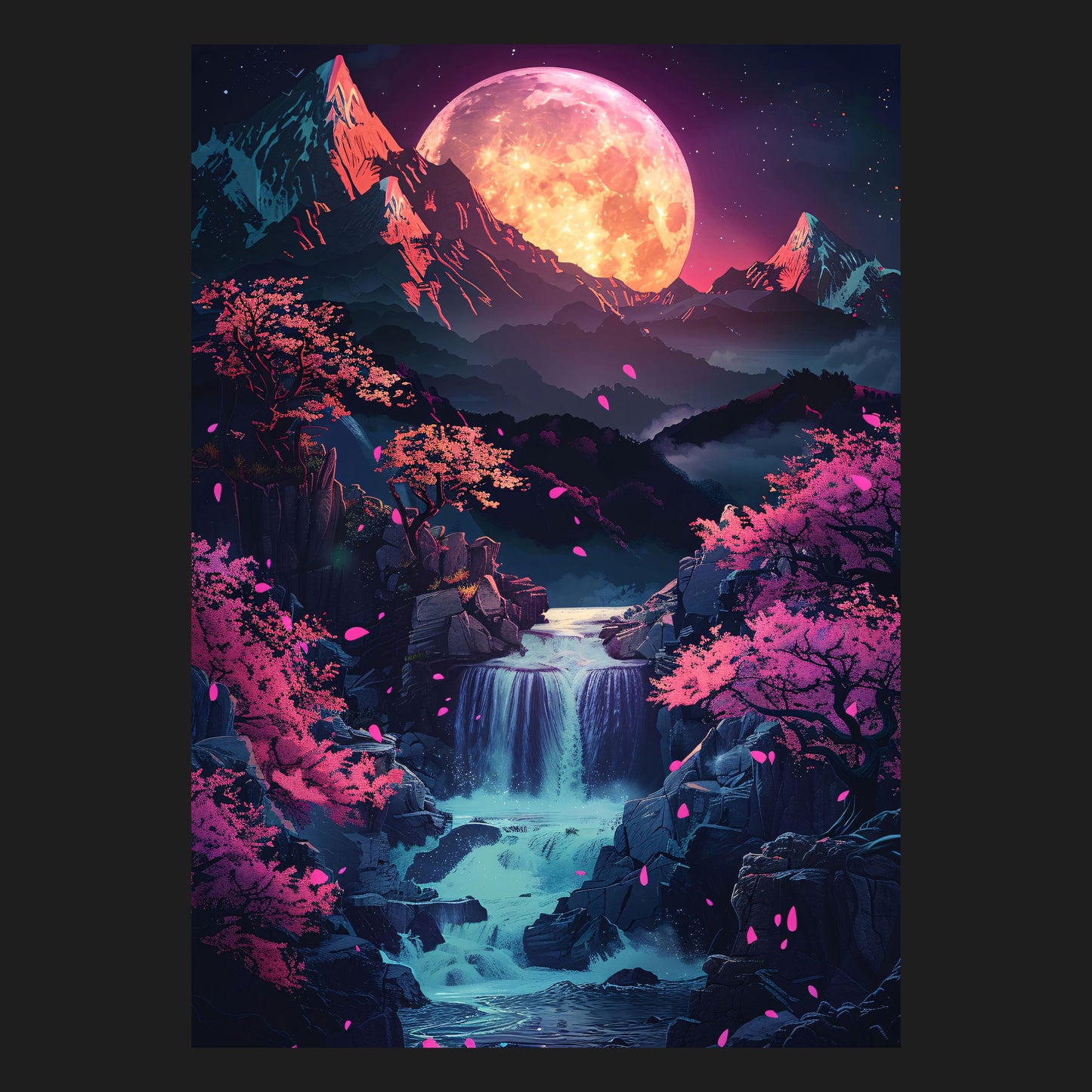 Detailreiche Illustration einer außerirdisch anmutenden Landschaft mit einem gigantischen Mond, schneebedeckten Bergen, einem Wasserfall und Kirschblüten.