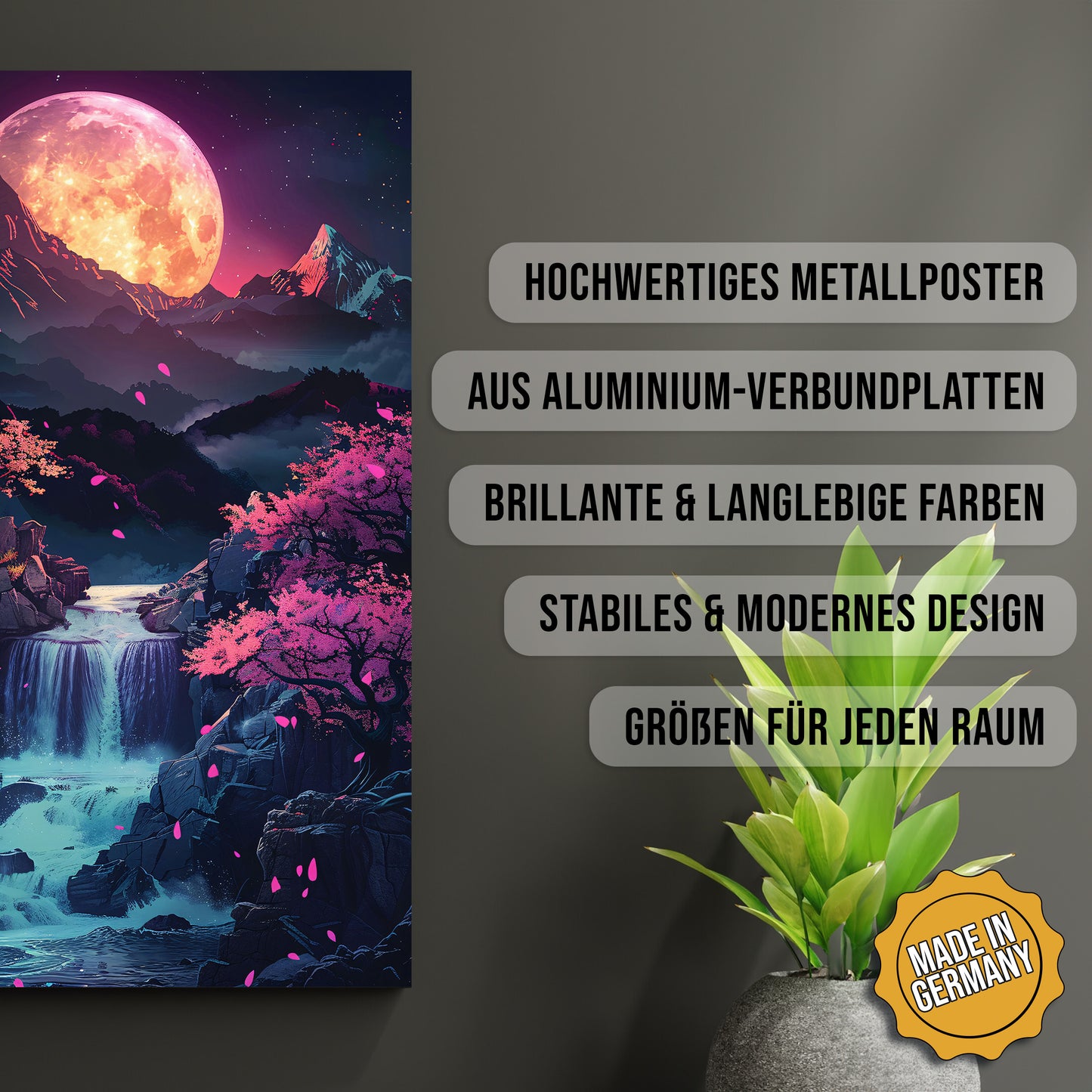Produkt-Highlights zum Metallposter Fantasy Mondlandschaft. Hochwertiges Metallposter, aus Aluminium-Verbundplatten, Brillante & langlebige Farben, stabiles & modernes design, Größen für jeden Raum, Made in Germany.