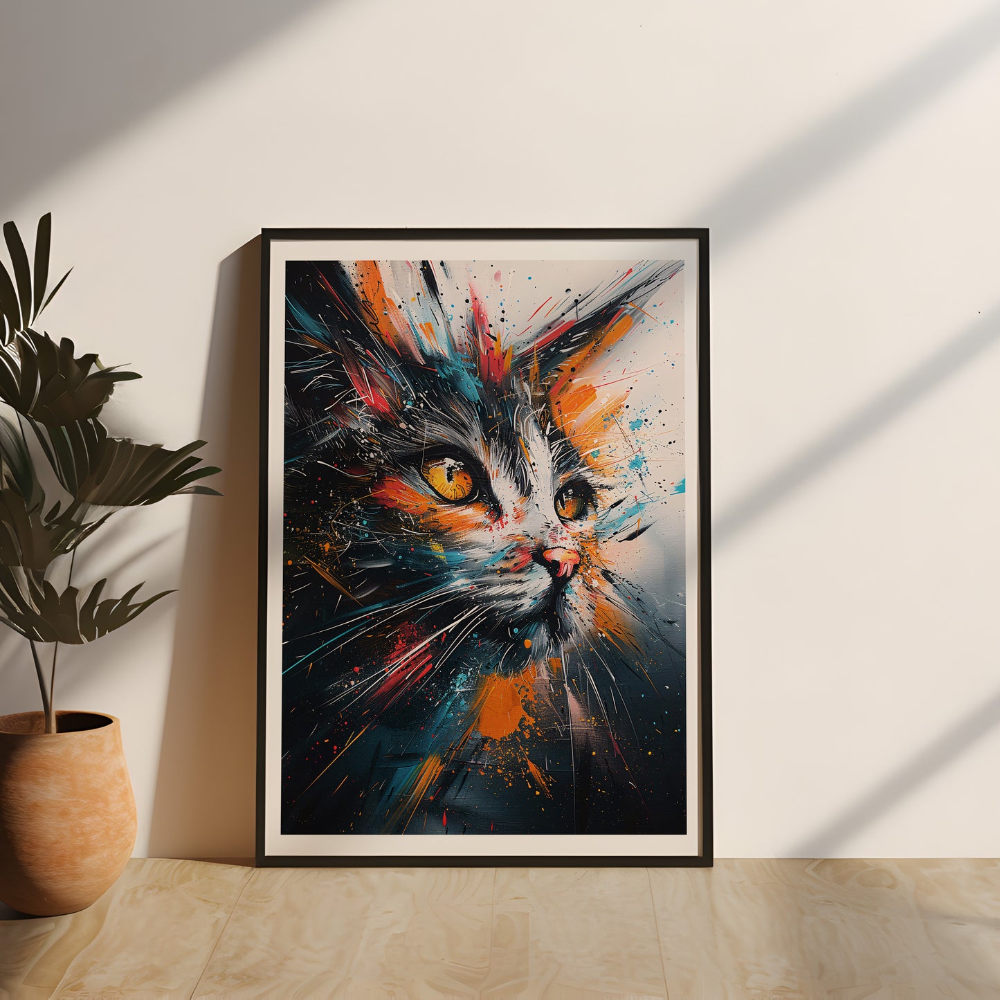 Abstraktes Katzenmotiv in einem hochwertigen Echtholzrahmen, das durch dynamische Pinselstriche und leuchtende Farben die Essenz und Anmut der Katze lebendig einfängt und als stilvolle Wanddekoration präsentiert wird, natur und tier wandposter, abstrakte katze