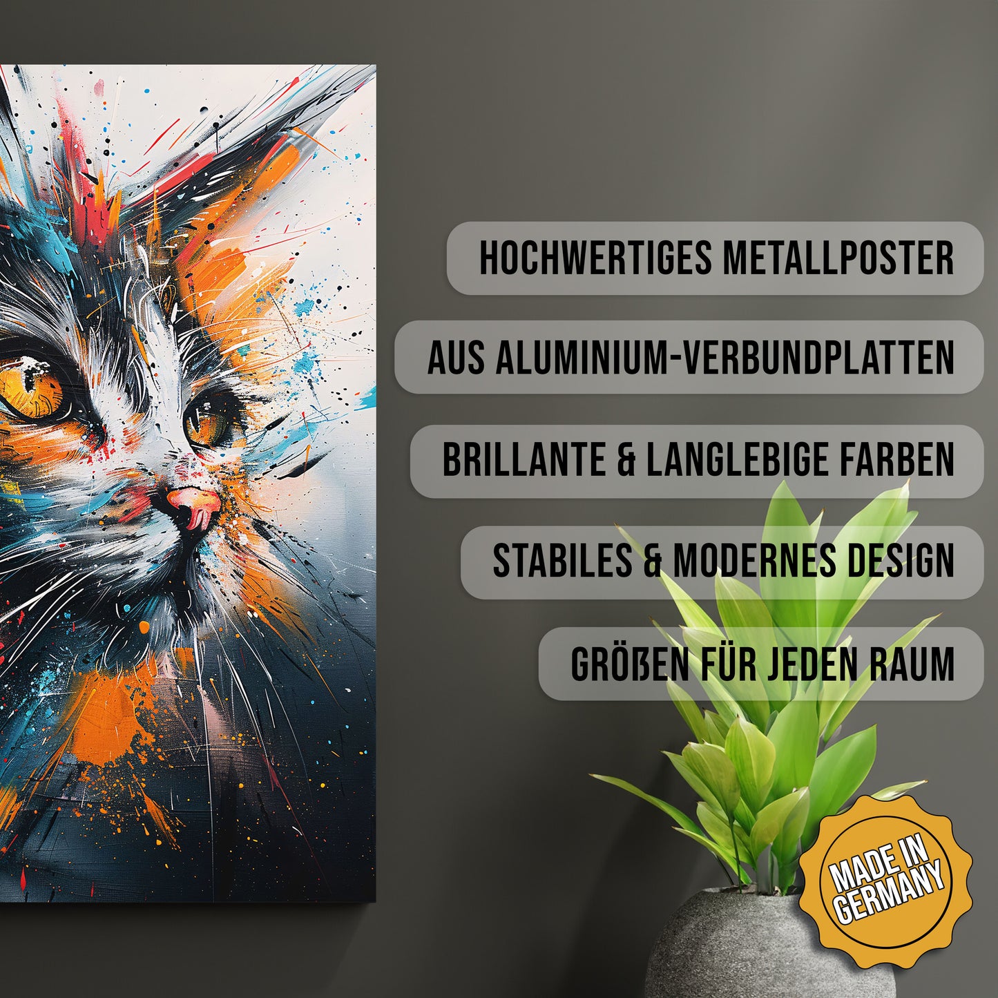 Produkt-Highlights zum Metallposter Farbenfrohe Katzenfantasie. Hochwertiges Metallposter, aus Aluminium-Verbundplatten, Brillante & langlebige Farben, stabiles & modernes design, Größen für jeden Raum, Made in Germany.