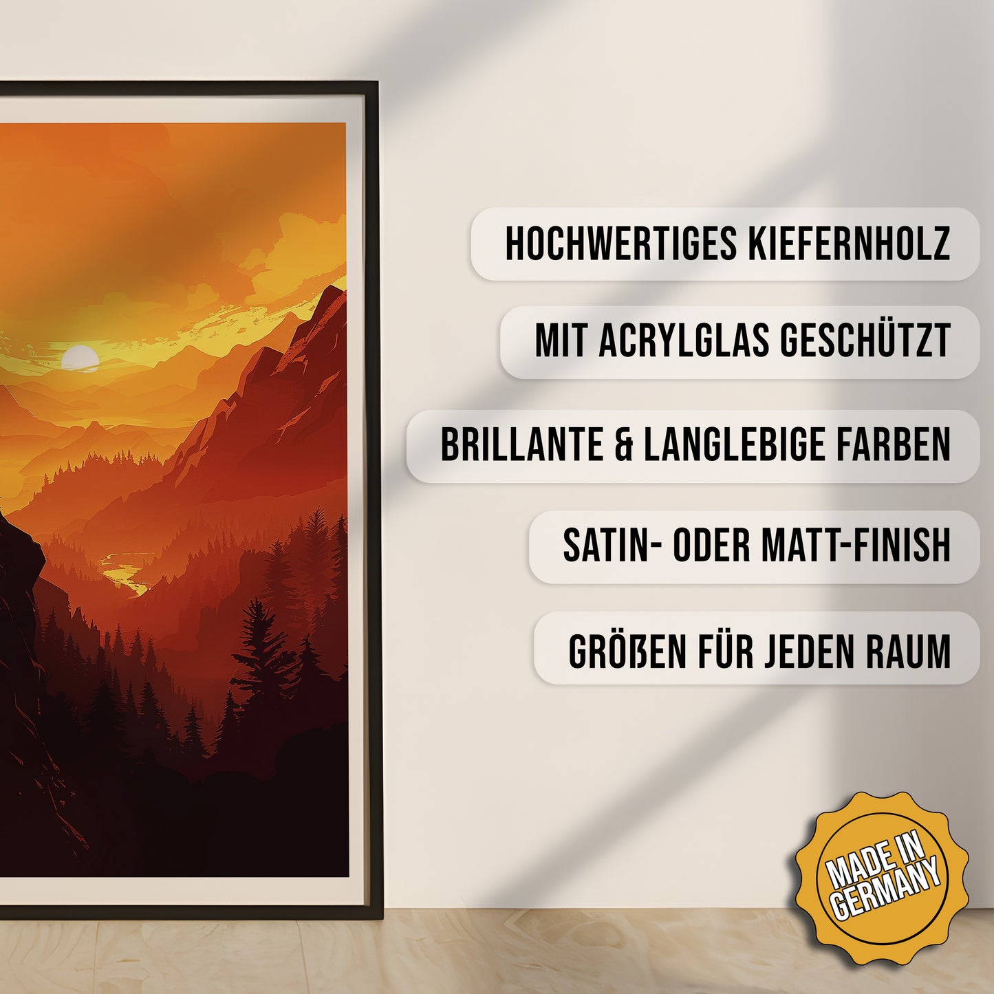 Produkt-Highlights zum gerahmten Poster Firewatch Horizont.
Hochwertiges Kiefernholz, mit Acrylglas geschützt, Brillante & langlebige Farben, satin- oder matt-finish, größen für jeden Raum, Made in Germany.