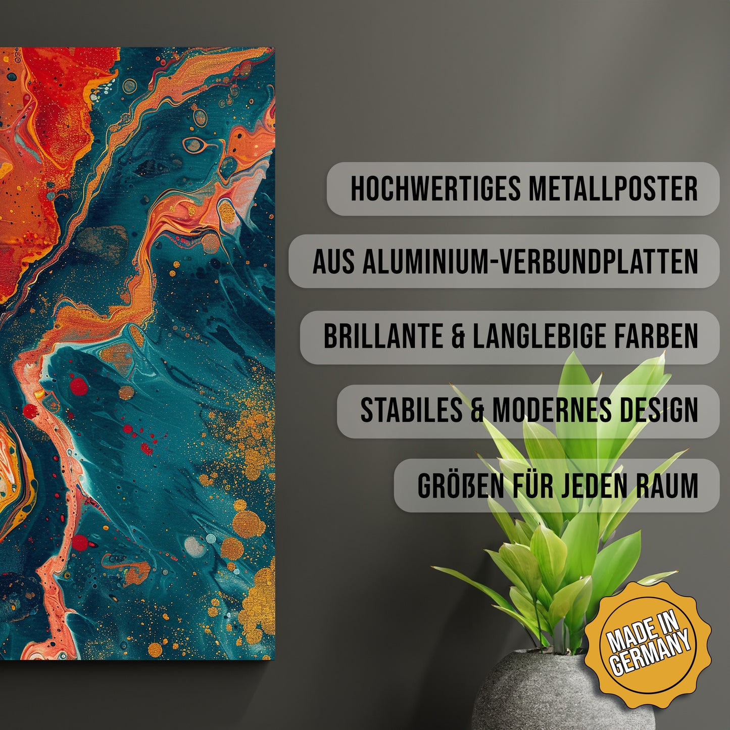 Produkt-Highlights zum Metallposter Fluss der Farben. Hochwertiges Metallposter, aus Aluminium-Verbundplatten, Brillante & langlebige Farben, stabiles & modernes design, Größen für jeden Raum, Made in Germany.