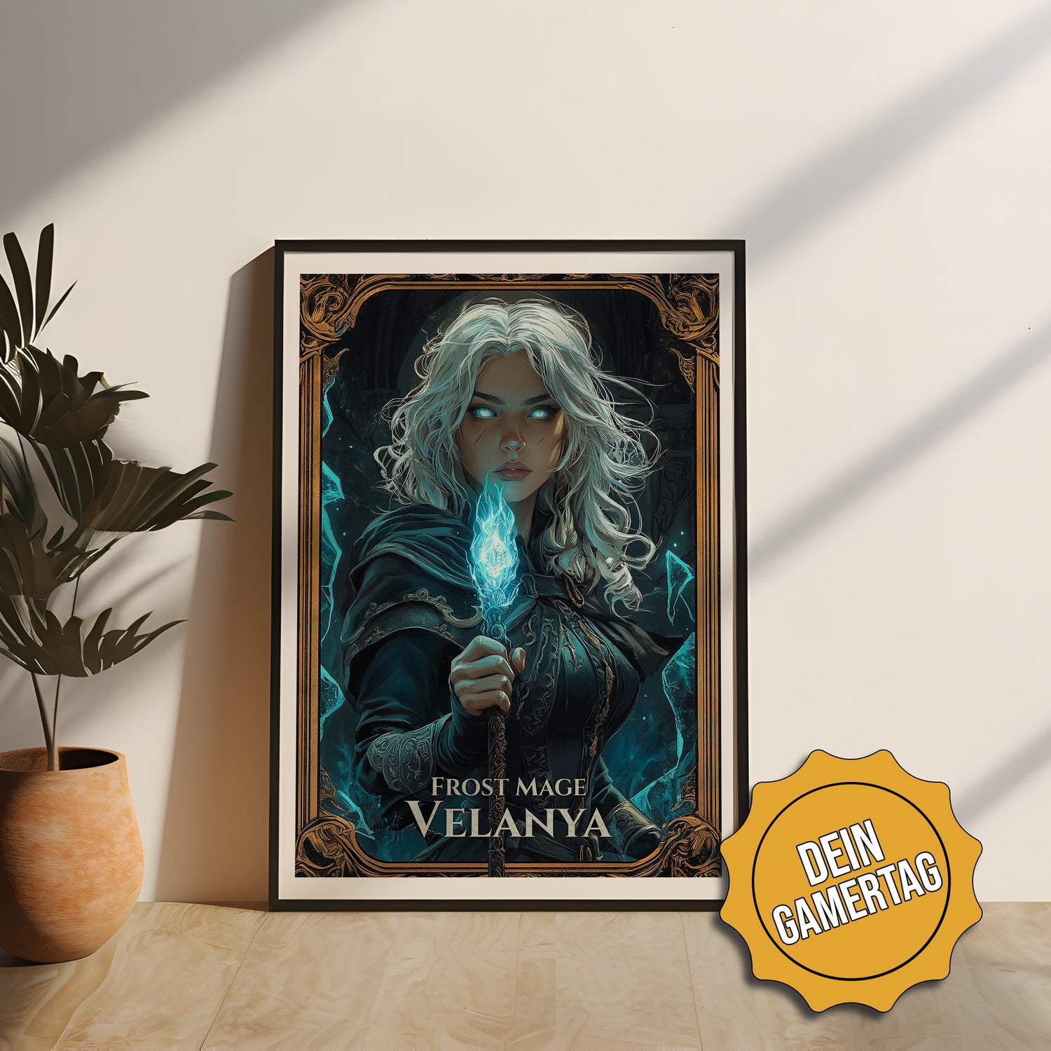 Gaming Poster "Frost Mage" mit mystischem Rahmen – ideal für Fantasy Liebhaber. Jetzt mit eigenem Namen personalisieren! Hochauflösende Druckqualität, perfekte Geschenkidee für Gamer und Rollenspieler.