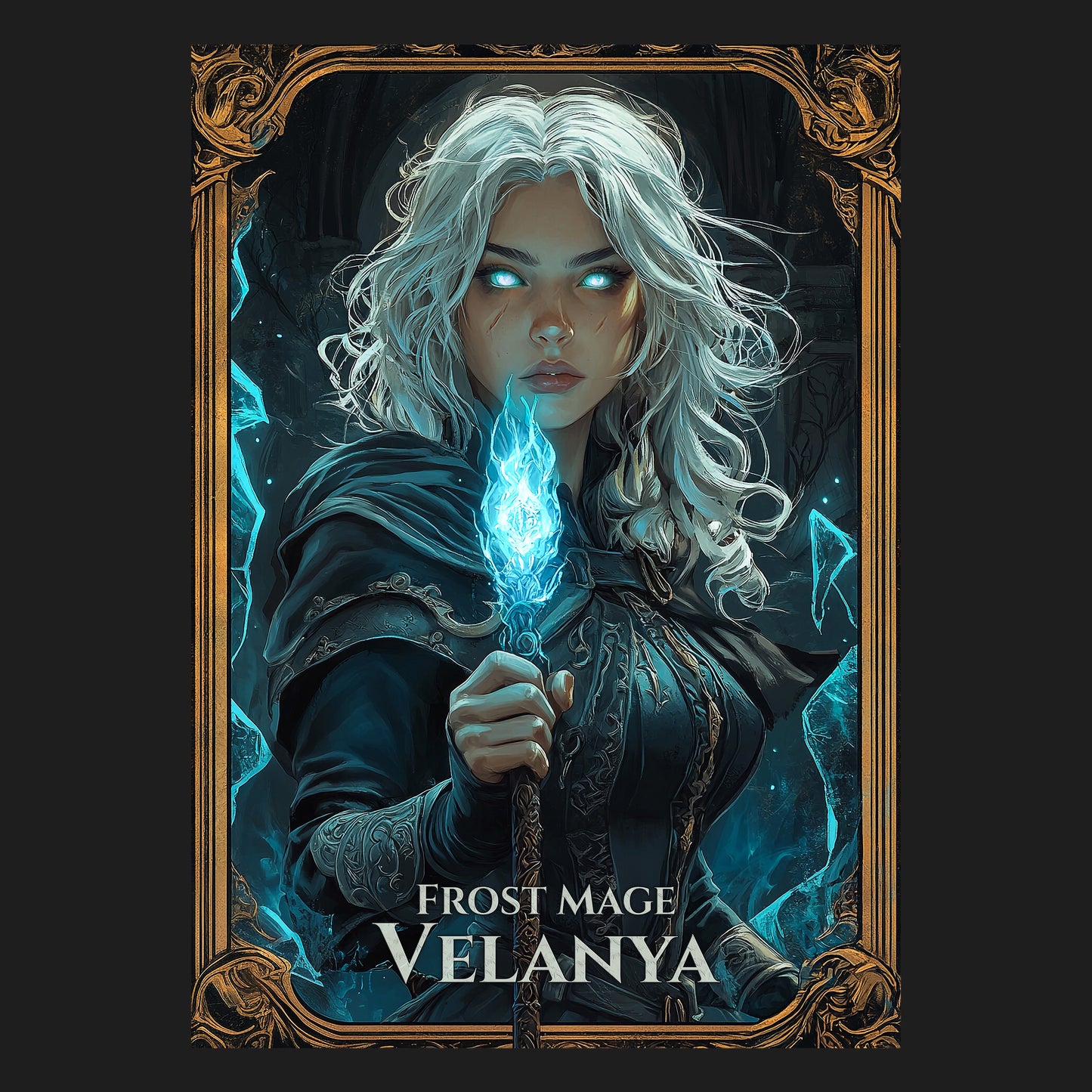 Das Motiv 'Frost Mage ' zeigt eine frostige Zauberin in einer magischen Atmosphäre, mit eisblauem Leuchten und mystischen Elementen. Diese Fantasy-Mage Kunst ist ideal für Gamer, RPG-Fans und als magisches Geschenk für Liebhaber epischer Abenteuer. Mit deinem Gamertag personalisierbar.