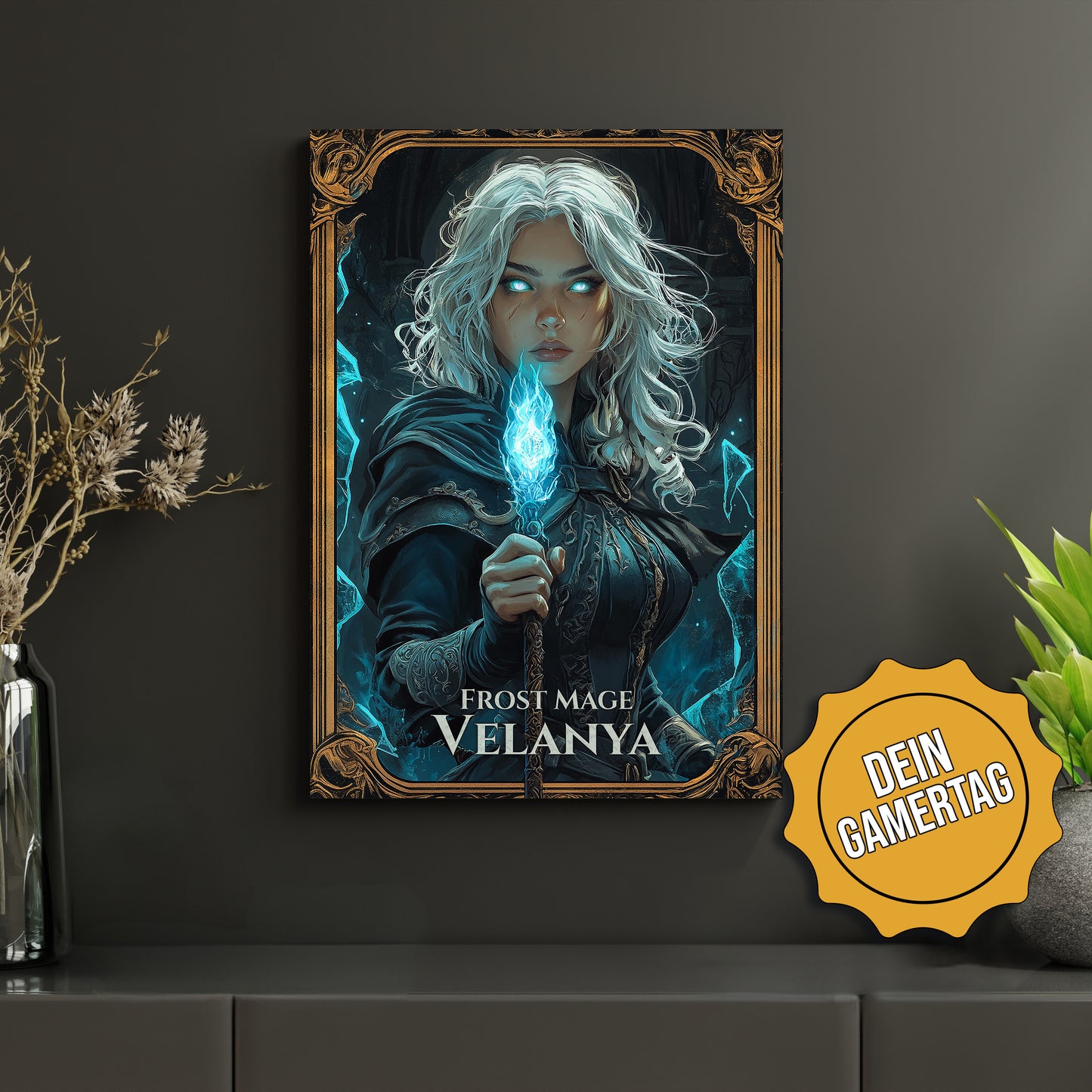 Fantasy-Poster "Frost Mage" – episches Metallbild für Dungeons & Dragons & Gaming-Zimmer. Personalisierbar mit Gamertag. Perfekt für RPG- und Fantasy-Fans, hochwertige Wandkunst für Rollenspieler, Nerds und Streamer.