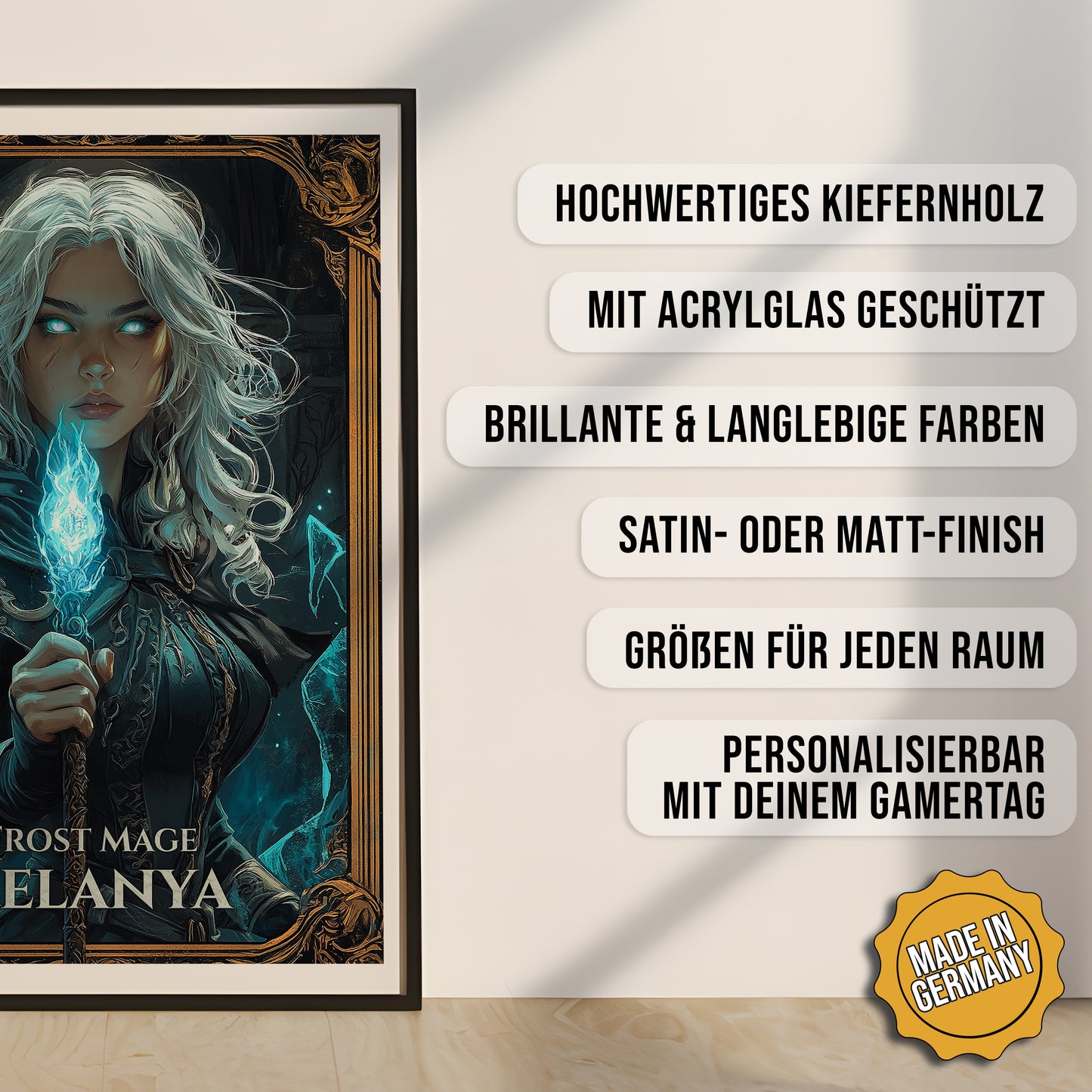 Produkt-Highlights zum gerahmten Poster Frost Mage personalisierbar.
Hochwertiges Kiefernholz, mit Acrylglas geschützt, Brillante & langlebige Farben, satin- oder matt-finish, größen für jeden Raum, Made in Germany.
