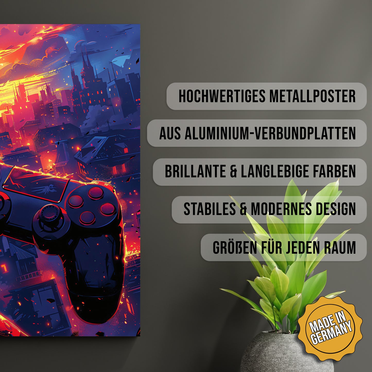 Produkt-Highlights zum Metallposter Gaming City Nights. Hochwertiges Metallposter, aus Aluminium-Verbundplatten, Brillante & langlebige Farben, stabiles & modernes design, Größen für jeden Raum, Made in Germany.