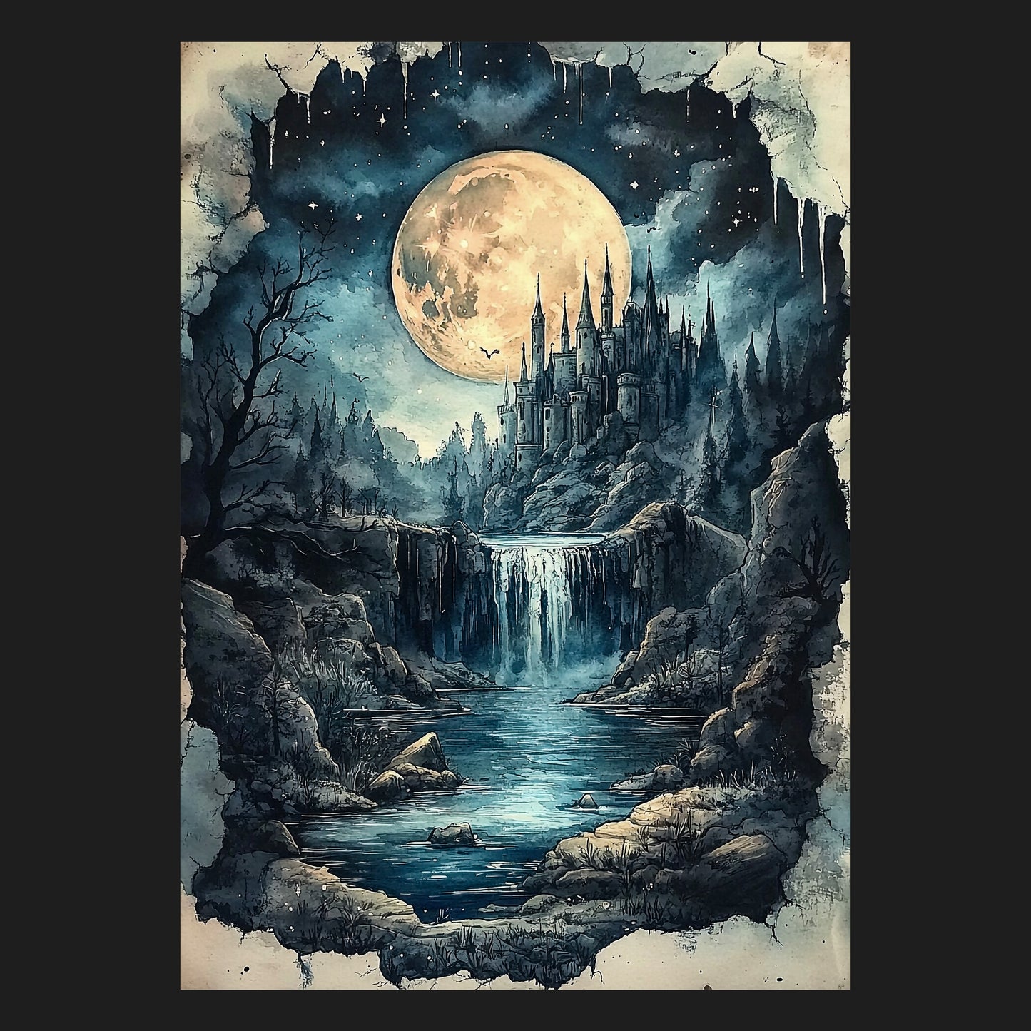 Das Motiv 'Silbermond-Festung' zeigt eine atemberaubende Fantasy-Landschaft mit einer imposanten Festung, die von einem großen Vollmond und geheimnisvollen Wäldern umgeben ist. Dieses Fantasy-Landschaft Poster ist ein ideales Geschenk für Fantasy-Liebhaber und eine märchenhafte Wanddeko für Zuhause.