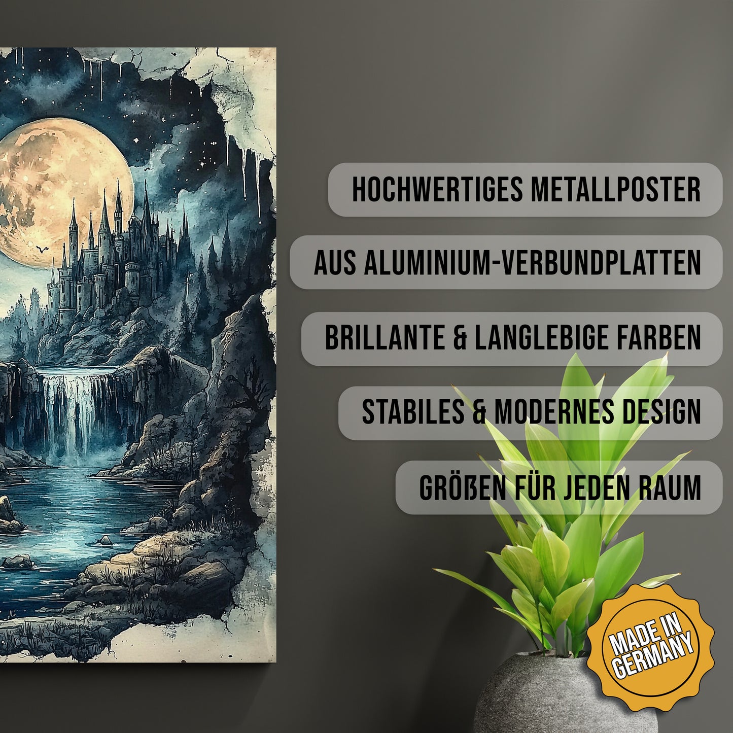 Produkt-Highlights zum Metallposter Geheimnisvolle Silbermond Festung. Hochwertiges Metallposter, aus Aluminium-Verbundplatten, Brillante & langlebige Farben, stabiles & modernes design, Größen für jeden Raum, Made in Germany.