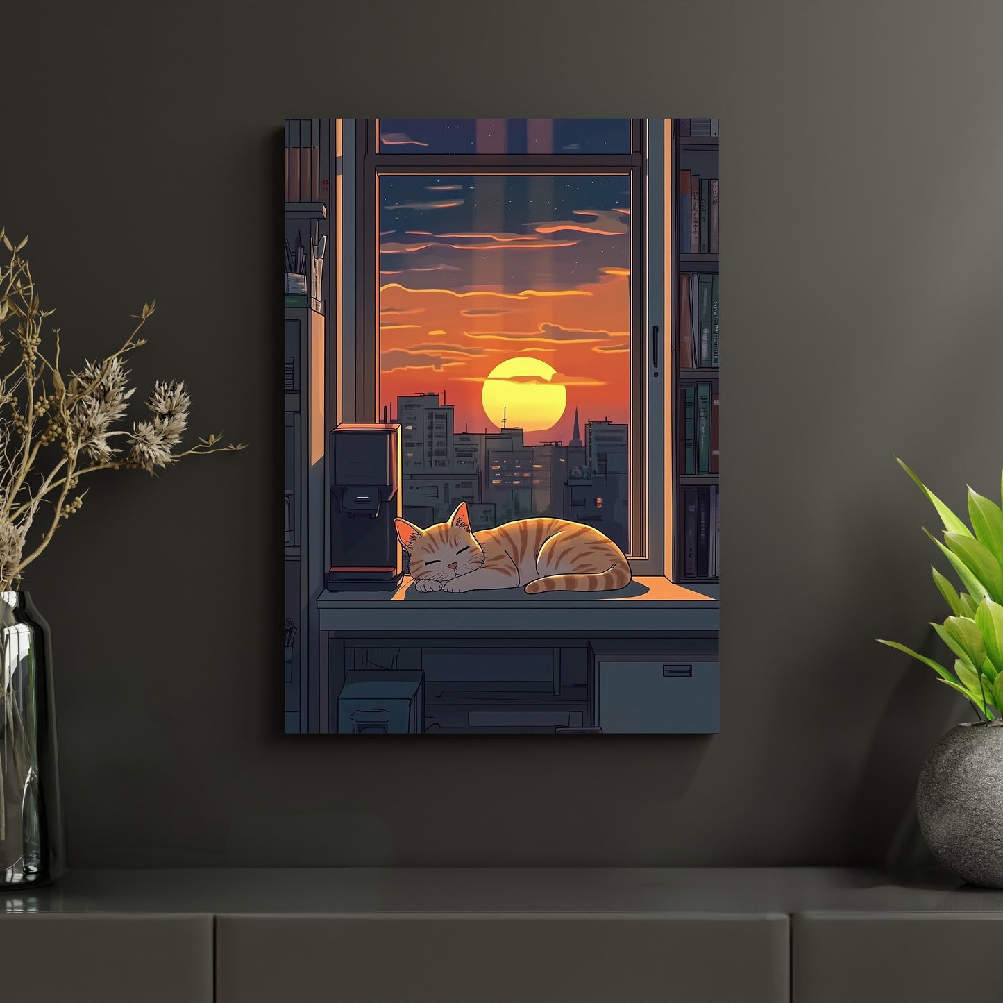Das Metallposter 'Abendblick' zeigt eine ruhige Szene mit einer Katze, die friedlich auf einer Fensterbank schläft, während der Sonnenuntergang die Stadtlandschaft in warme Farben taucht. Dieses Stadtlandschaft-Wandbild ist perfekt als beruhigende Wanddeko und als Geschenk für Katzenliebhaber. Ideal für Tierliebhaber und Anime-Fans.
