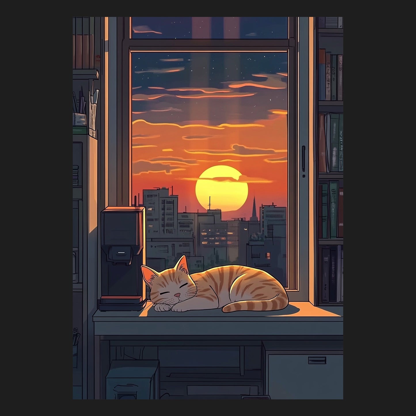 Das Motiv 'Gemütlicher Abendblick' zeigt eine idyllische Szene mit einer entspannten Katze vor einem malerischen Sonnenuntergang, der die Stadtlandschaft erhellt. Dieses Poster mit Katze und Sonnenuntergang ist eine perfekte beruhigende Wanddeko und ein wunderbares Geschenk für Katzenliebhaber.