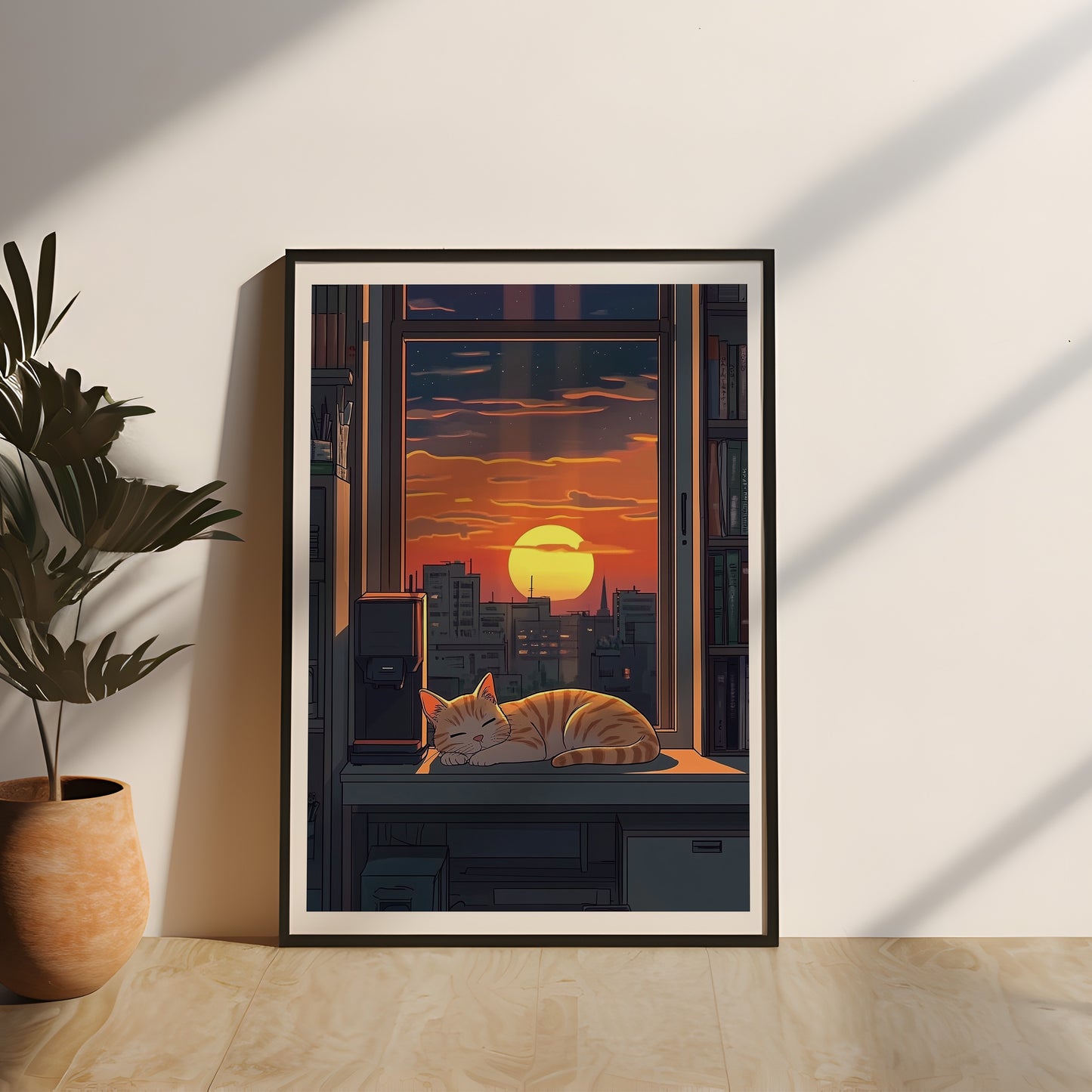 Ein gerahmtes Poster mit dem Titel 'Gemütlicher Abendblick', das eine schlafende Katze auf einer Fensterbank zeigt, während im Hintergrund ein atemberaubender Sonnenuntergang über der Stadtlandschaft leuchtet. Dieses Poster mit Katze und Sonnenuntergang ist eine beruhigende Wanddeko und ein ideales Geschenk für Katzenliebhaber.