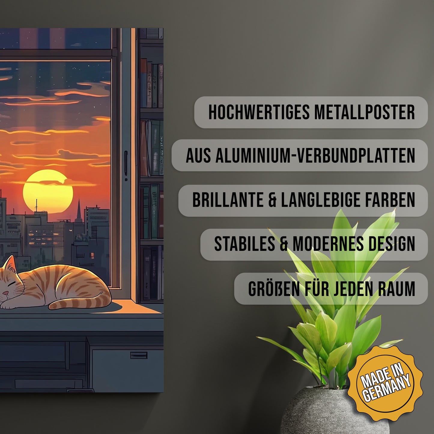 Produkt-Highlights zum Metallposter Gemütlicher Abendblick. Hochwertiges Metallposter, aus Aluminium-Verbundplatten, Brillante & langlebige Farben, stabiles & modernes design, Größen für jeden Raum, Made in Germany.