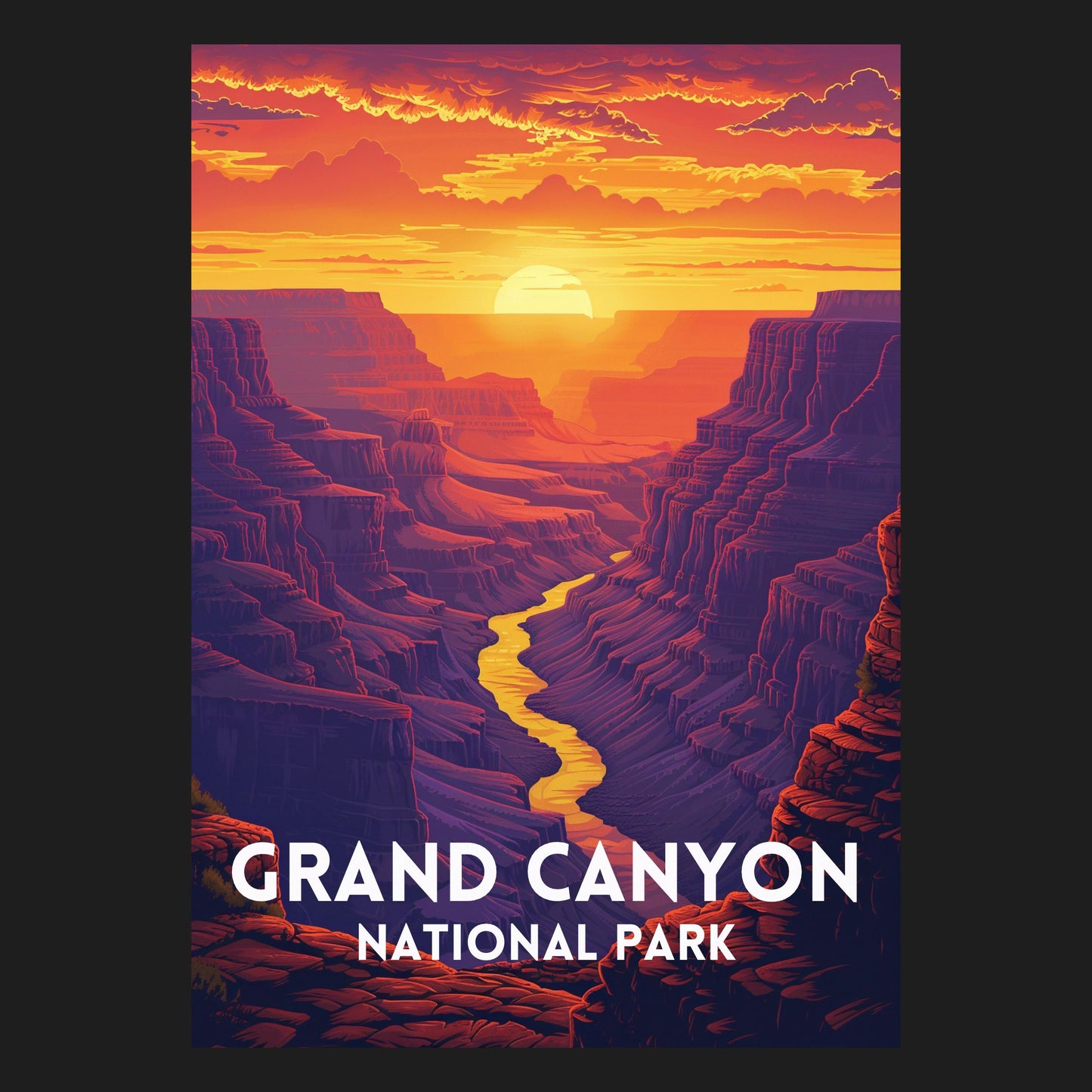 Detailreiche Illustration des Grand Canyon mit einer tiefrot gefärbten Schlucht bei Sonnenuntergang, vintage design, national park design, reise poster