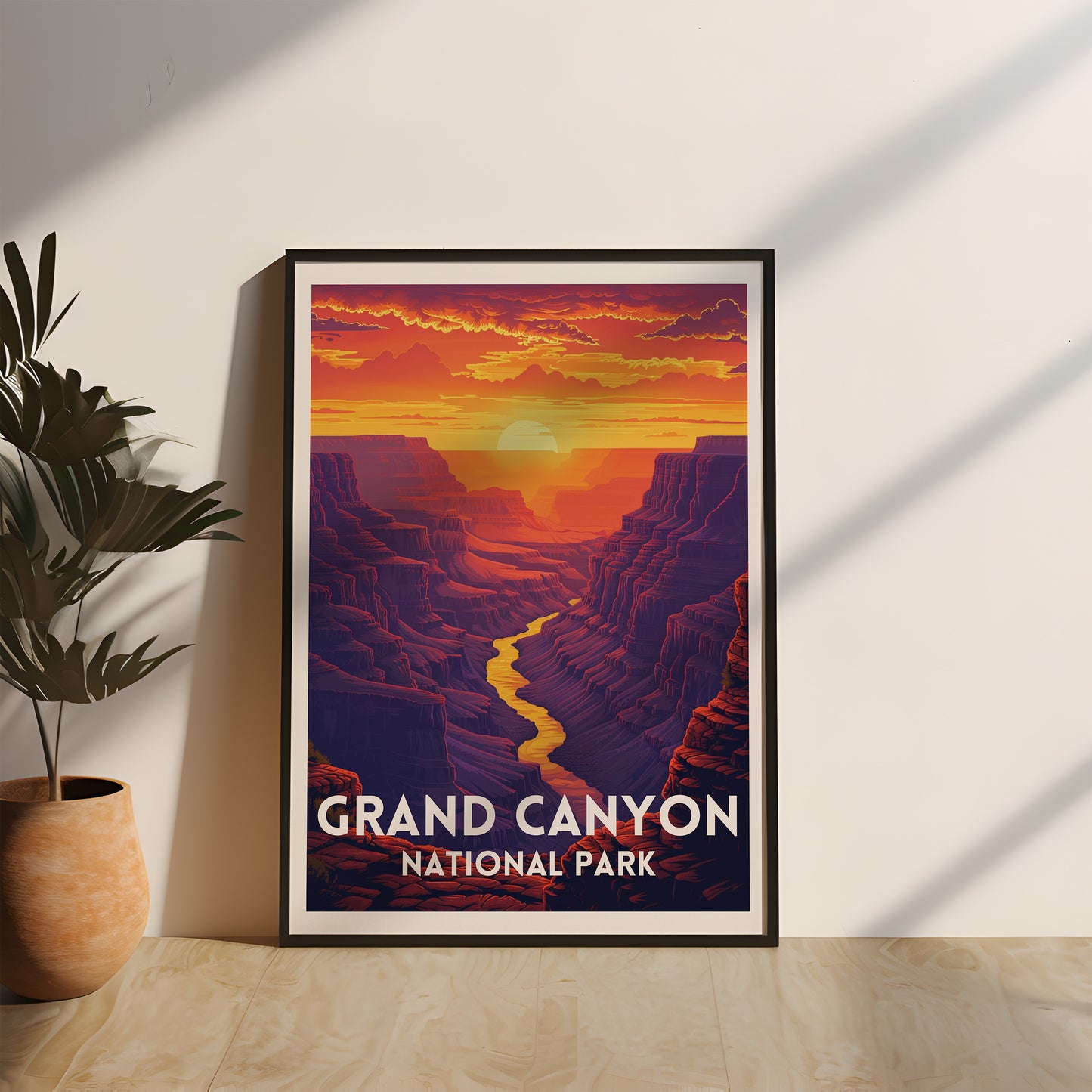 Vintage-Poster des Grand Canyon Nationalparks bei Sonnenuntergang. Die beeindruckende Schlucht und die warmen Farben erzeugen eine gemütliche Atmosphäre. Perfekt für Naturliebhaber und Reisende, Geschenkidee, Canyon Poster, USA National Park Poster, gerahmte Wanddeko, reise poster