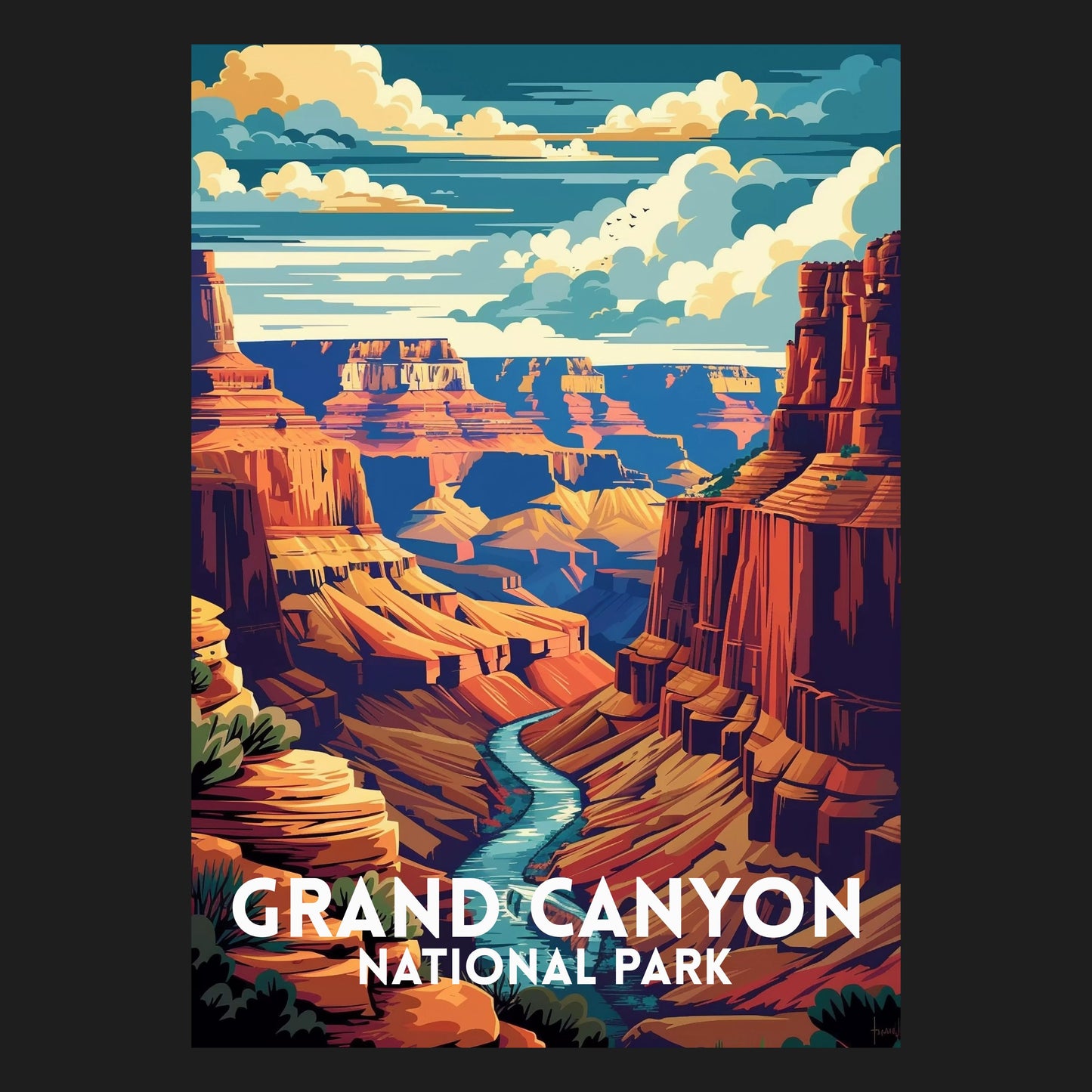 Beeindruckende Darstellung des Grand Canyon bei Tageslicht, das die Weite und Tiefe des Naturwunders einfängt, vintage design, national park design, reise poster