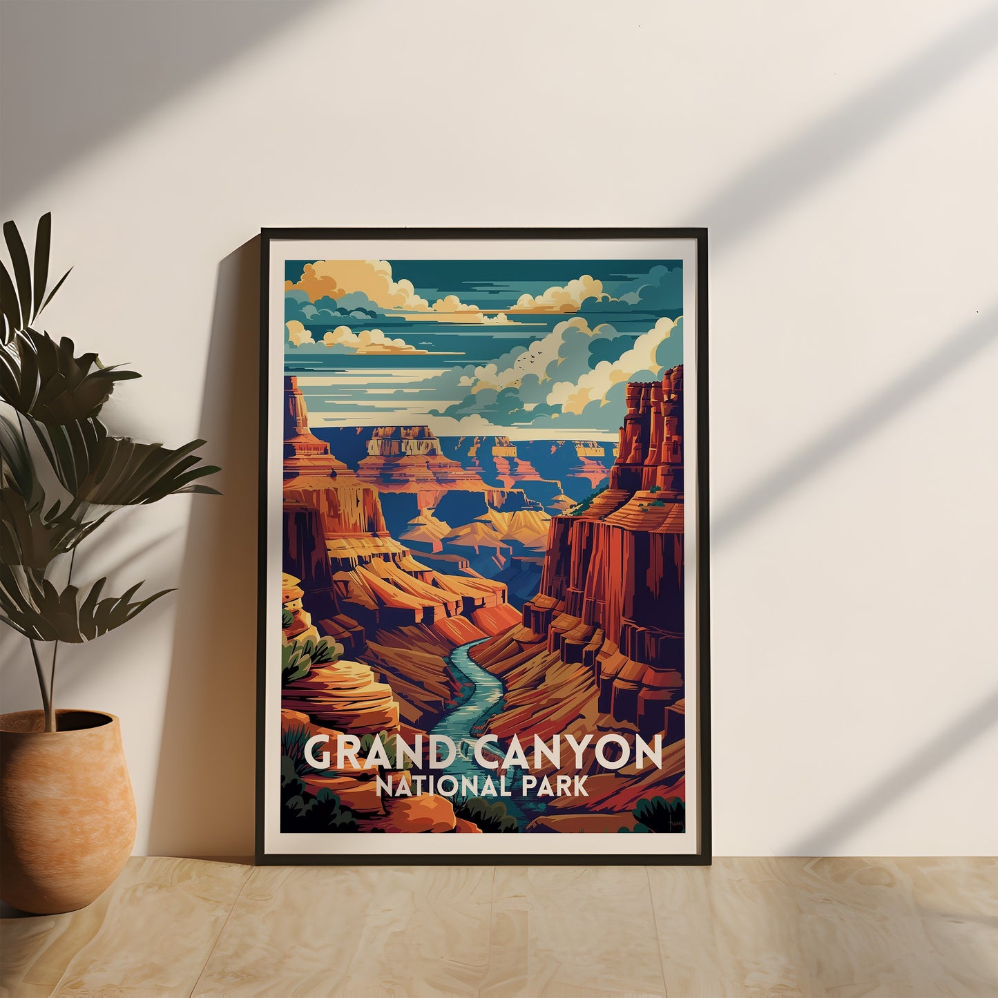 Poster des Grand Canyon Nationalparks bei Tageslicht mit kräftigen Farben, gerahmt in einem hochwertigen Echtholzrahmen. Ideal für Naturliebhaber und Reisefans, die eine kraftvolle und stilvolle Dekoration suchen, Geschenkidee, Canyon Poster, USA National Park Poster, gerahmte Wanddeko, reise poster