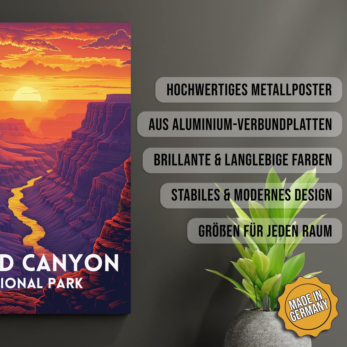 Produkt-Highlights zum Metallposter Grand Canyon. Hochwertiges Metallposter, aus Aluminium-Verbundplatten, Brillante & langlebige Farben, stabiles & modernes design, Größen für jeden Raum, Made in Germany.