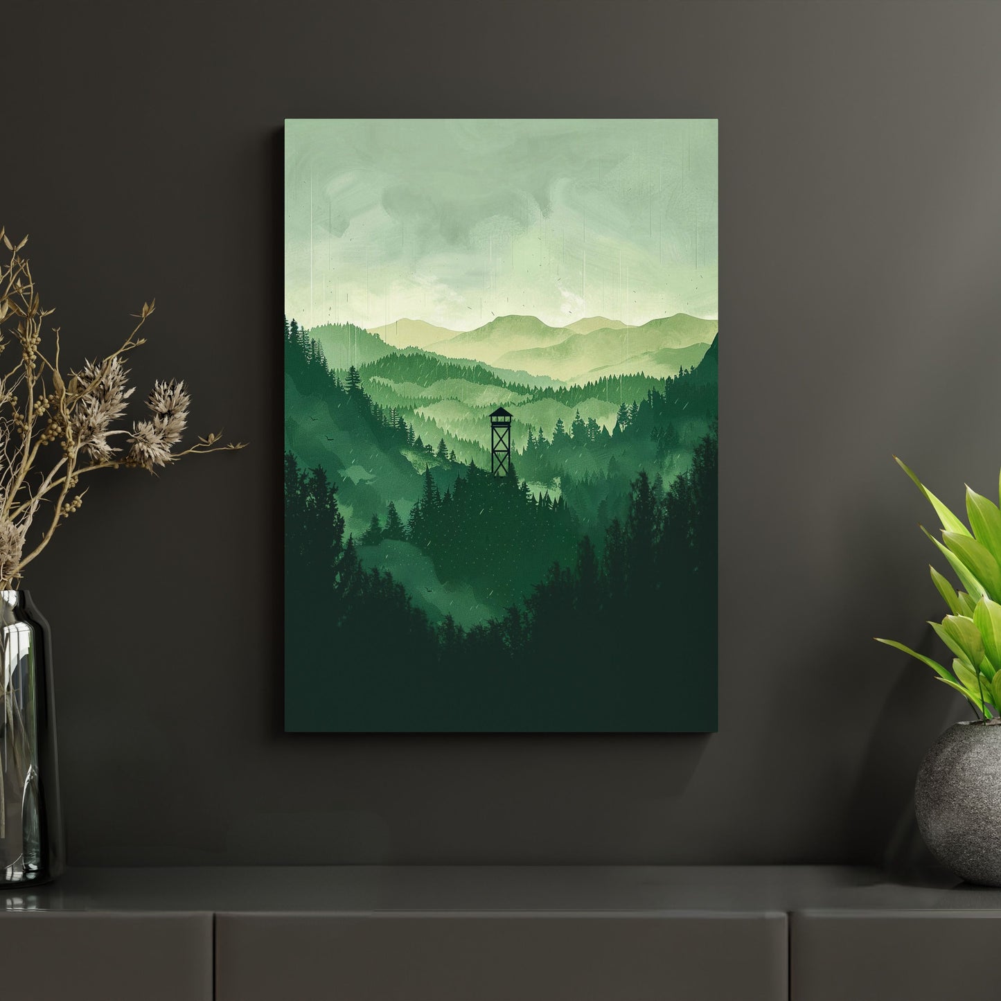 Abstraktes Naturmotiv mit dichten Wäldern und einem Aussichtsturm, hochwertige Metallverarbeitung. Die Grüntöne und die friedliche Landschaft schaffen eine beruhigende und naturverbundene Atmosphäre. Ideal für eine stilvolle Wanddekoration, gaming poster, Metallposter mit naturmotiv, grüne landschaft,