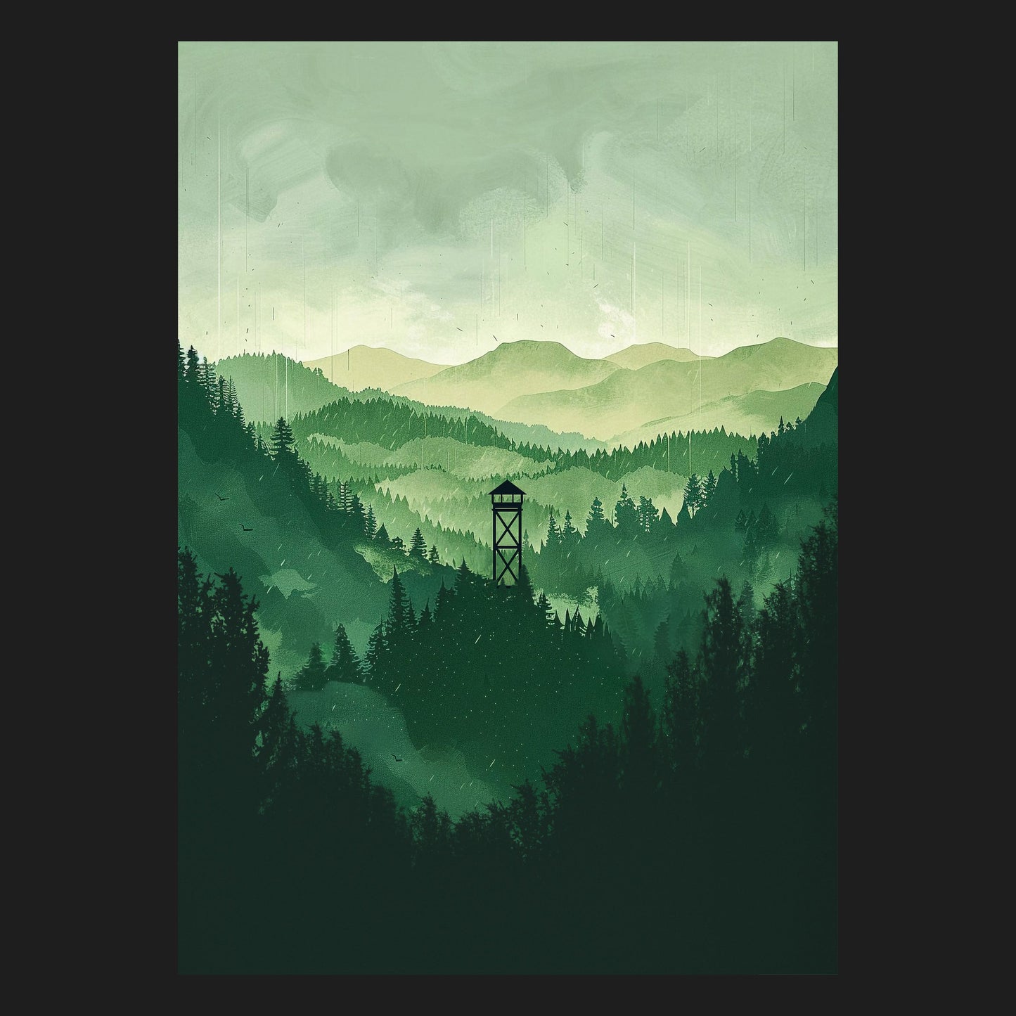 Abstraktes Naturmotiv mit dichten Wäldern, sanften Hügeln und einem Aussichtsturm, das die Ruhe und Weite der Natur in harmonischen Grüntönen darstellt.