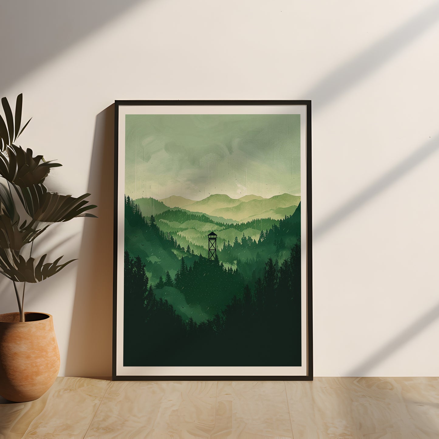 Abstraktes Naturmotiv mit dichten Wäldern und einem Aussichtsturm, eingerahmt in einem hochwertigen Echtholzrahmen. Die Grüntöne und die friedliche Landschaft schaffen eine beruhigende und naturverbundene Atmosphäre. Ideal für eine stilvolle Wanddekoration, gaming poster, gerahmtes poster mit naturmotiv, grüne landschaft,