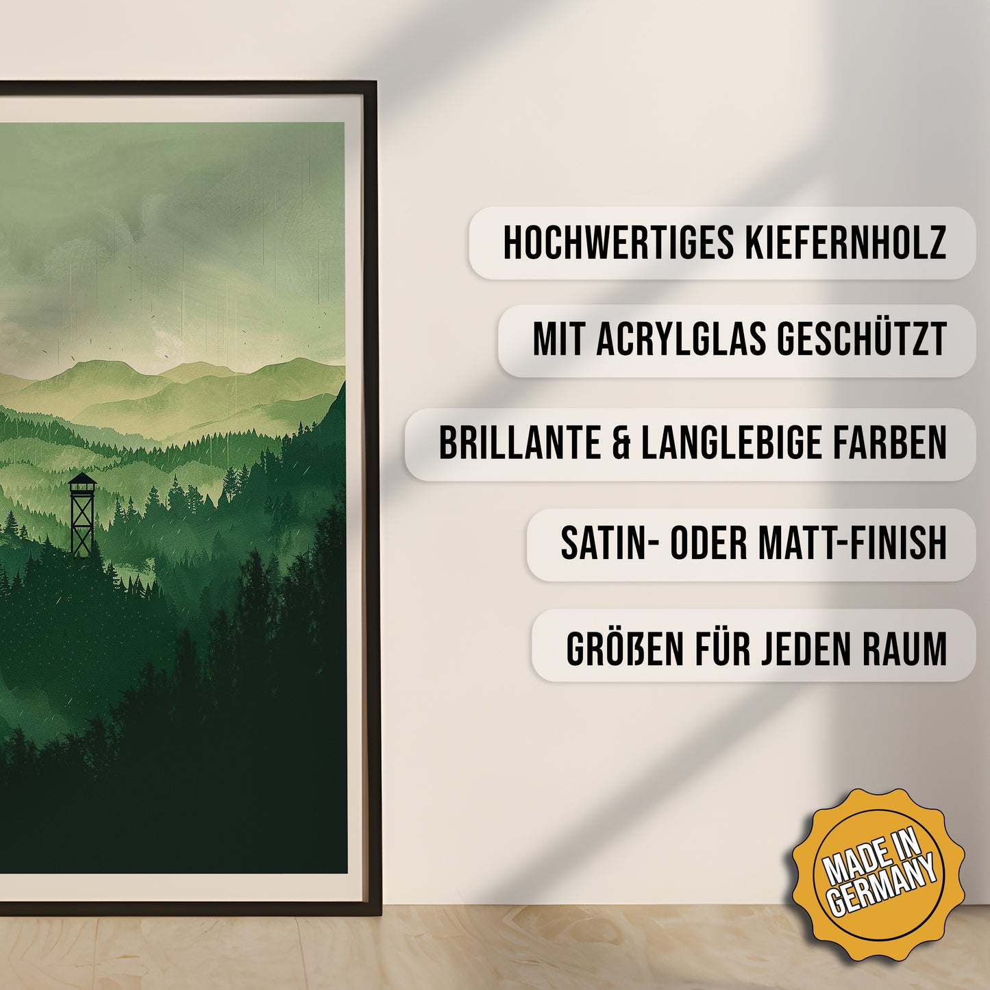 Produkt-Highlights zum gerahmten Poster Green Firewatch.
Hochwertiges Kiefernholz, mit Acrylglas geschützt, Brillante & langlebige Farben, satin- oder matt-finish, größen für jeden Raum, Made in Germany.