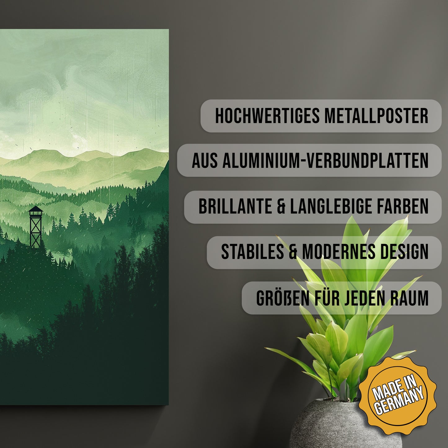 Produkt-Highlights zum Metallposter Green Firewatch. Hochwertiges Metallposter, aus Aluminium-Verbundplatten, Brillante & langlebige Farben, stabiles & modernes design, Größen für jeden Raum, Made in Germany.