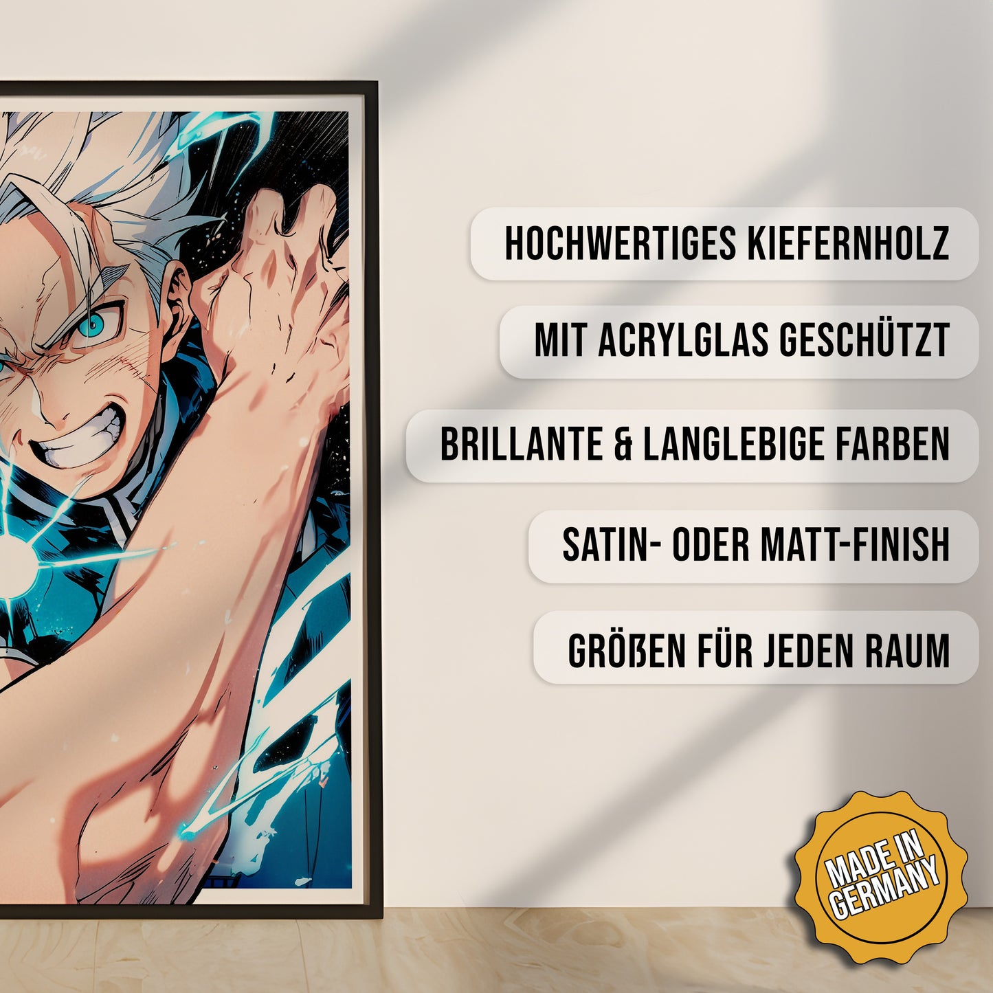 Produkt-Highlights zum gerahmten Poster Hikari Sotoru.
Hochwertiges Kiefernholz, mit Acrylglas geschützt, Brillante & langlebige Farben, satin- oder matt-finish, größen für jeden Raum, Made in Germany.