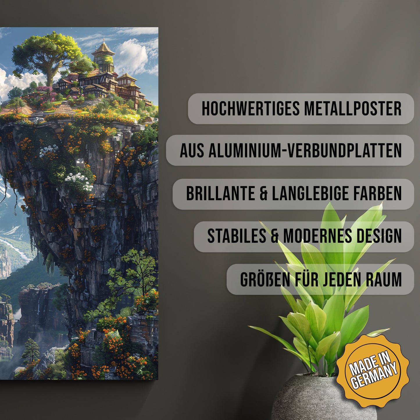 Produkt-Highlights zum Metallposter Himmelssiedlung. Hochwertiges Metallposter, aus Aluminium-Verbundplatten, Brillante & langlebige Farben, stabiles & modernes design, Größen für jeden Raum, Made in Germany.