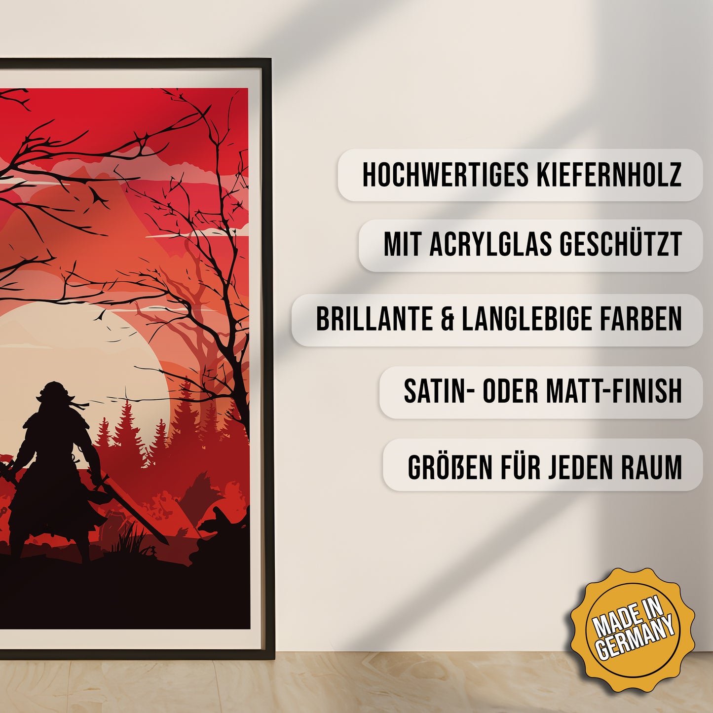 Produkt-Highlights zum gerahmten Poster Im Schatten der Gefallenen.
Hochwertiges Kiefernholz, mit Acrylglas geschützt, Brillante & langlebige Farben, satin- oder matt-finisch, größen für jeden Raum, Made in Germany.