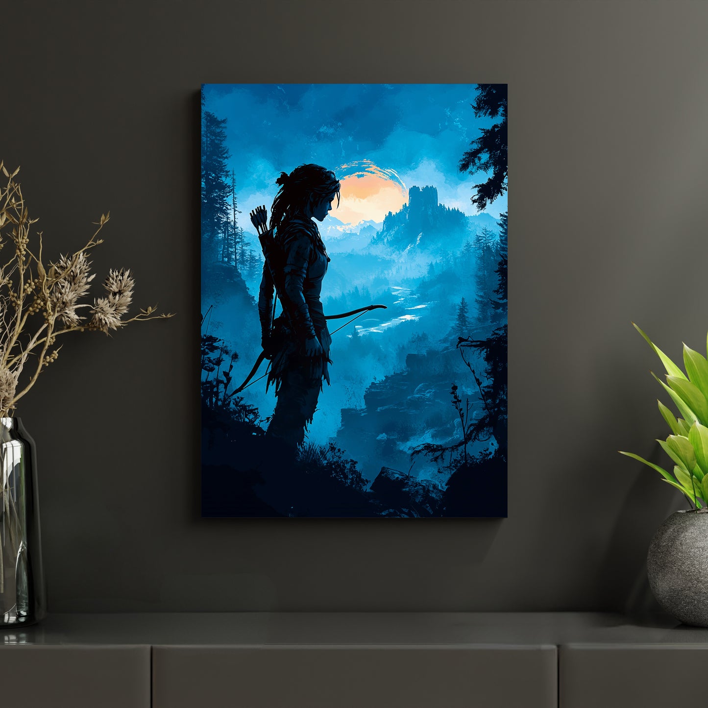 Das Metallposter ‘Jägerin der Morgenröte’ zeigt eine starke Jägerin in einer atemberaubenden Fantasy-Kulisse, eingerahmt von dunklen Wäldern und einem dramatischen Himmel. Dieses Abenteuer-Kunstwerk kombiniert fesselnde Ästhetik mit hochwertiger Verarbeitung und eignet sich perfekt als Geschenk für Kunst- und Abenteuerfans.