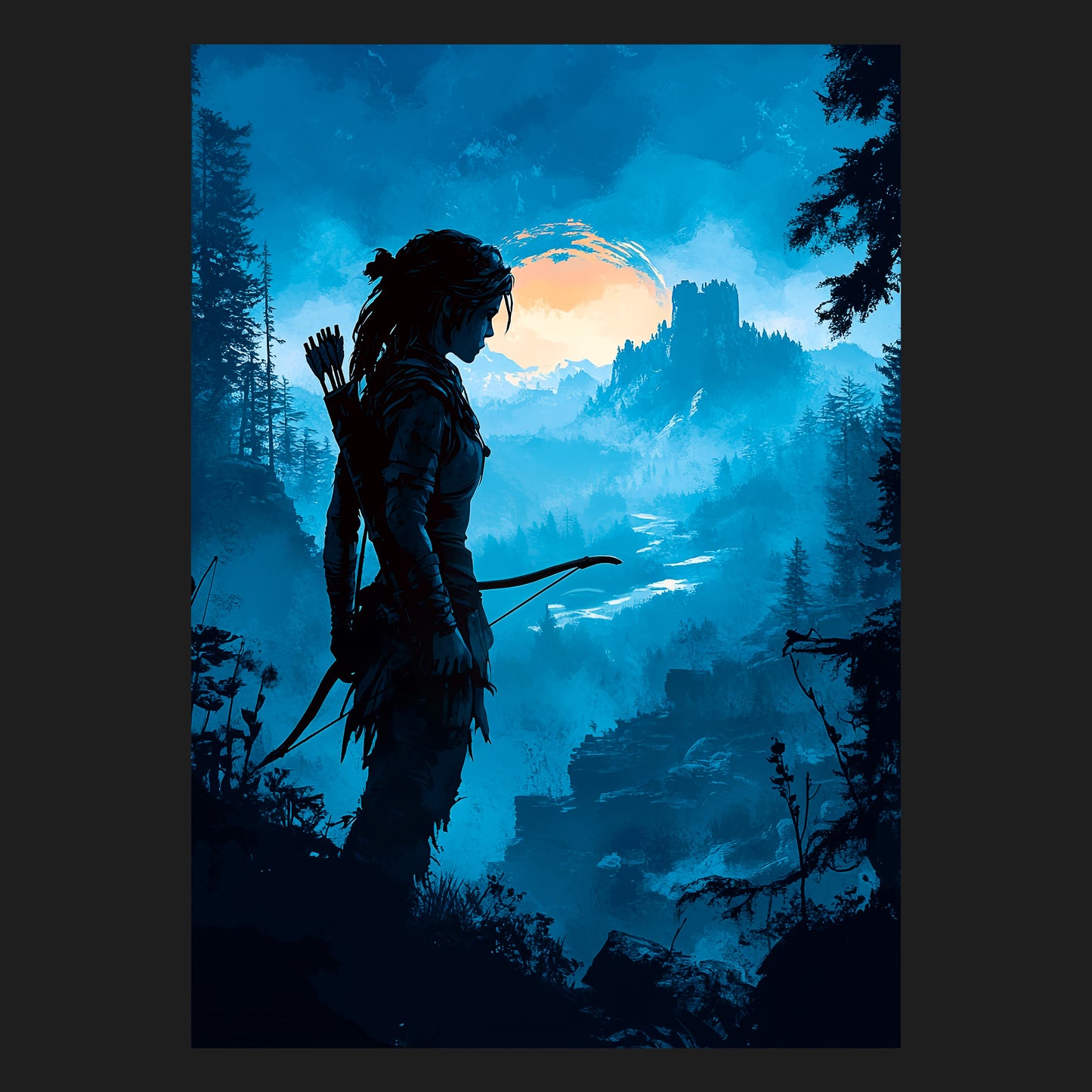 Das Motiv ‘Jägerin der Morgenröte’ präsentiert eine beeindruckende Silhouette einer Bogenschützin, die in einer magischen Landschaft steht. Der Sonnenaufgang im Hintergrund verleiht dem Werk eine epische Atmosphäre. Diese Fantasy-Kunst ist ideal als Abenteuer-Wanddeko und ein fantastisches Geschenk für Kunstliebhaber.