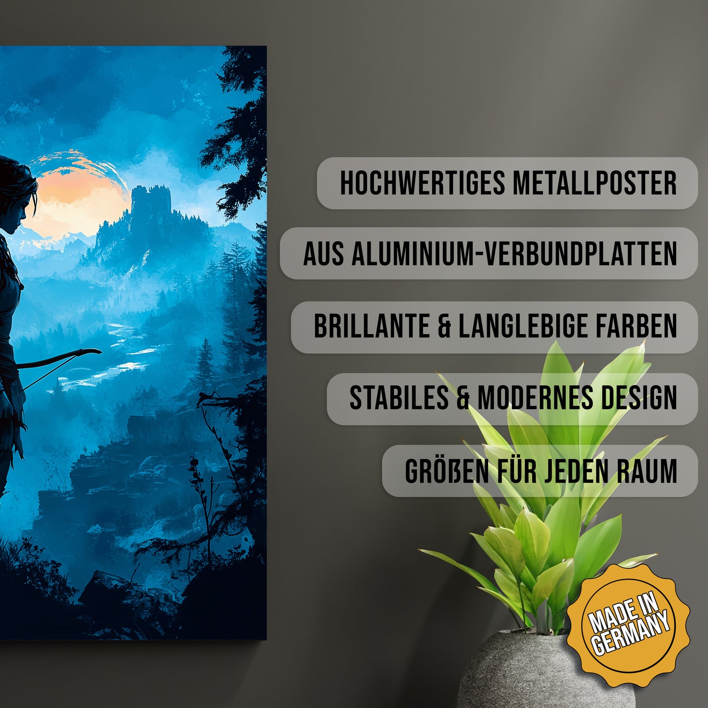 Produkt-Highlights zum Metallposter Jägerin der Morgenröte. Hochwertiges Metallposter, aus Aluminium-Verbundplatten, Brillante & langlebige Farben, stabiles & modernes design, Größen für jeden Raum, Made in Germany.