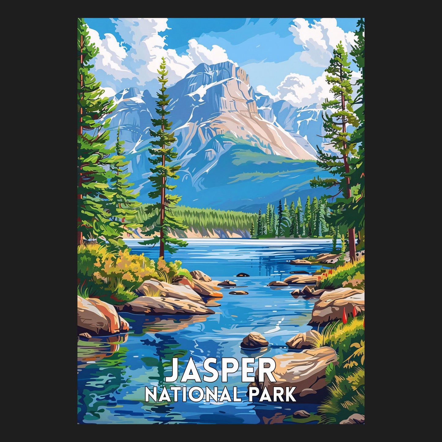 Detailreiches Motiv einer Flusslandschaft im Jasper Nationalpark, umgeben von majestätischen Bergen und dichten Wäldern, das die unberührte Schönheit Kanadas einfängt, naturposter design, travelposter design, kanadische landschaft