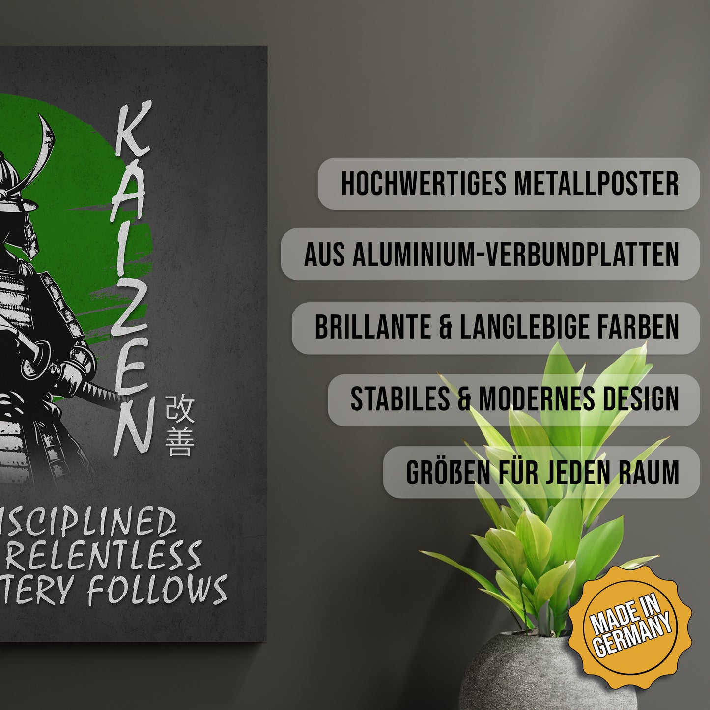 Produkt-Highlights zum Metallposter Kaizen. Hochwertiges Metallposter, aus Aluminium-Verbundplatten, Brillante & langlebige Farben, stabiles & modernes design, Größen für jeden Raum, Made in Germany.