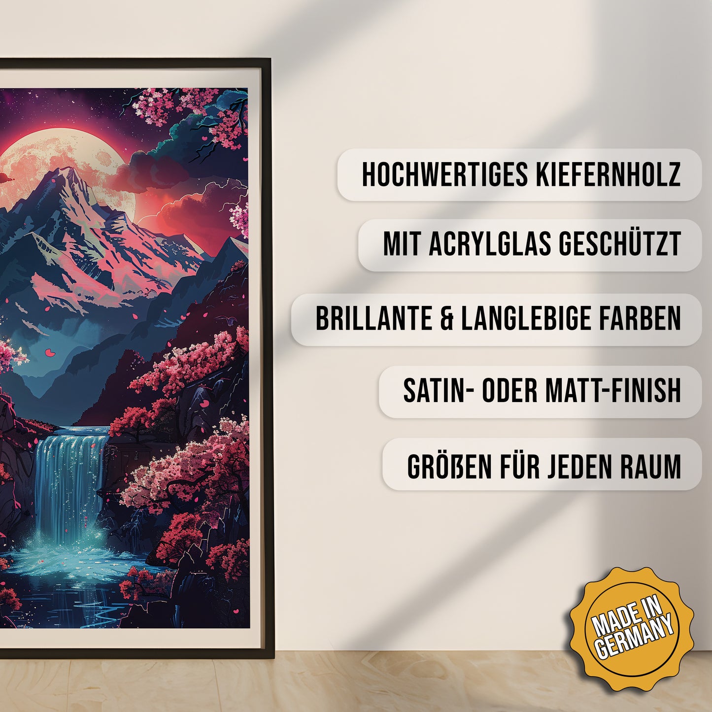 Produkt-Highlights zum gerahmten Poster Kirschblüten Fantasy.
Hochwertiges Kiefernholz, mit Acrylglas geschützt, Brillante & langlebige Farben, satin- oder matt-finisch, größen für jeden Raum, Made in Germany.