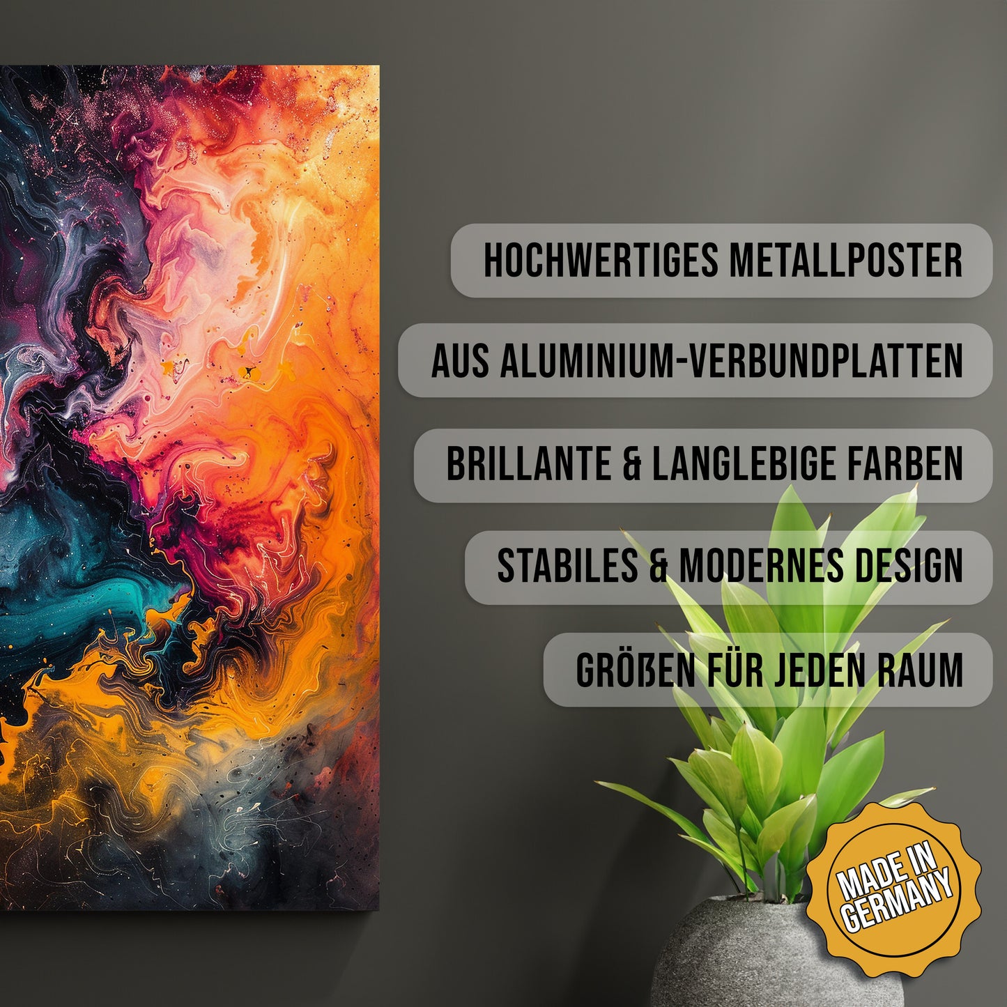 Produkt-Highlights zum Metallposter Kosmische Farbenpracht. Hochwertiges Metallposter, aus Aluminium-Verbundplatten, Brillante & langlebige Farben, stabiles & modernes design, Größen für jeden Raum, Made in Germany.
