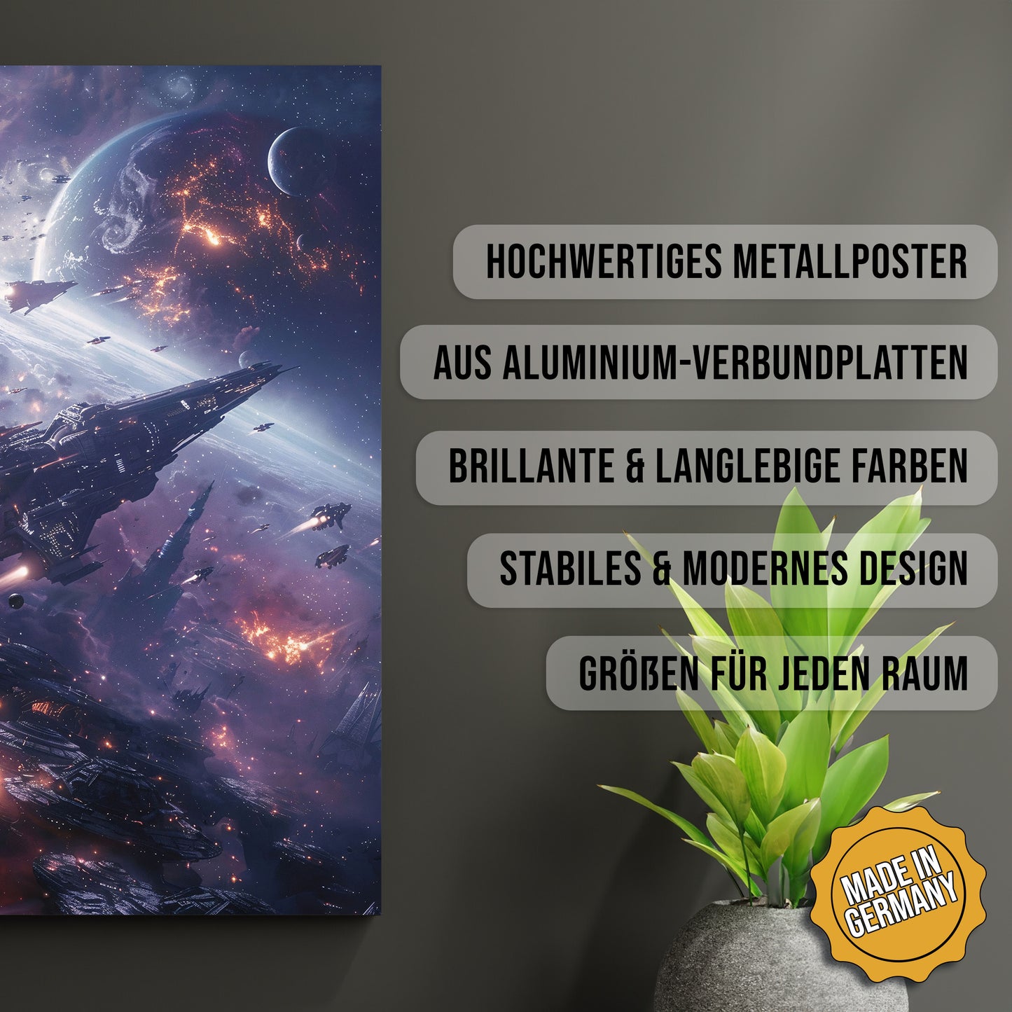 Produkt-Highlights zum Metallposter Kosmische Kriegsführung. Hochwertiges Metallposter, aus Aluminium-Verbundplatten, Brillante & langlebige Farben, stabiles & modernes design, Größen für jeden Raum, Made in Germany.