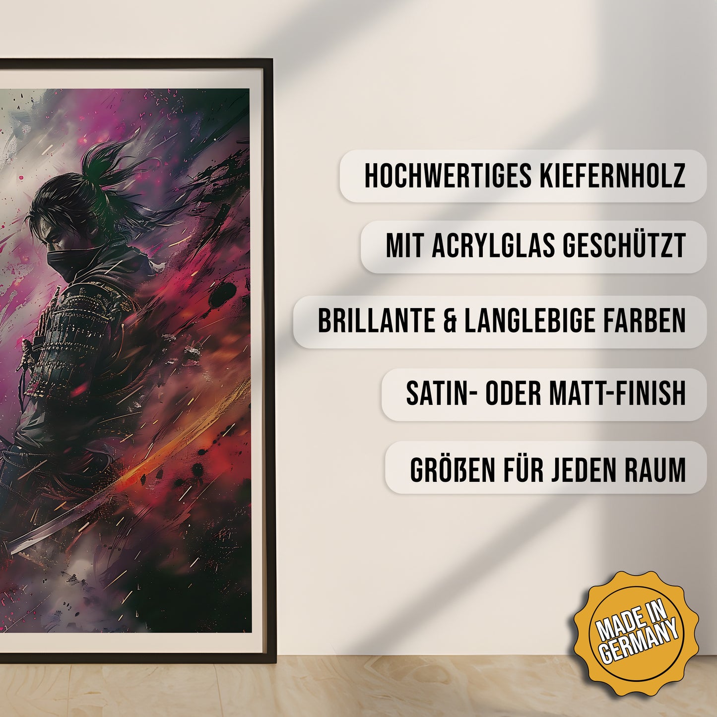 Produkt-Highlights zum gerahmten Poster Krieger der Samurai.
Hochwertiges Kiefernholz, mit Acrylglas geschützt, Brillante & langlebige Farben, satin- oder matt-finish, größen für jeden Raum, Made in Germany.