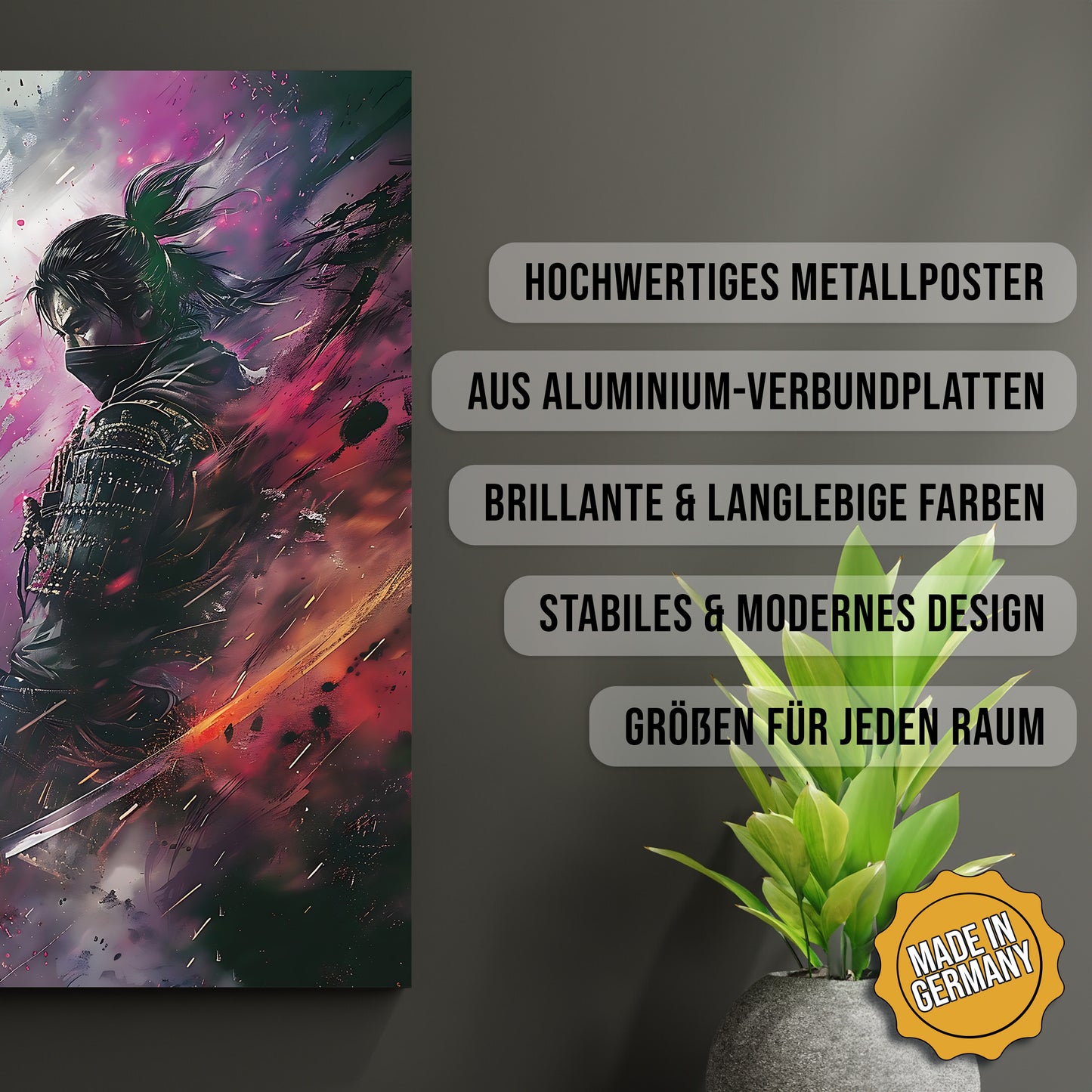 Produkt-Highlights zum Metallposter Krieger der Samurai. Hochwertiges Metallposter, aus Aluminium-Verbundplatten, Brillante & langlebige Farben, stabiles & modernes design, Größen für jeden Raum, Made in Germany.