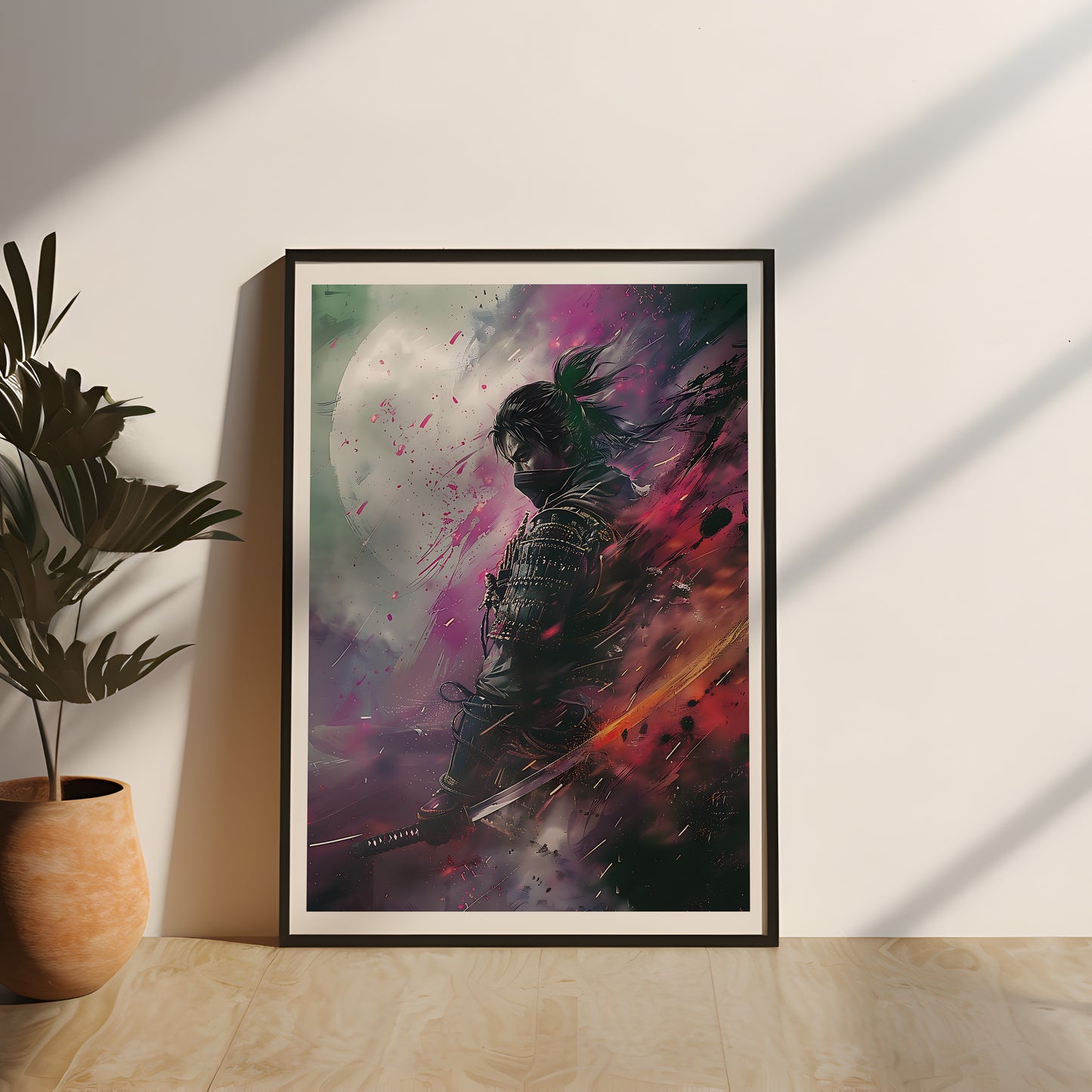 Gerahmtes Gaming Poster "Krieger der Samurai" mit Echtholzrahmen, Fantasy Wandkunst mit traditionell japanischem Design und dynamischen Farbschema, perfekte Wanddekoration für Gamer und Fantasy-Fans, japanisches Gaming Poster