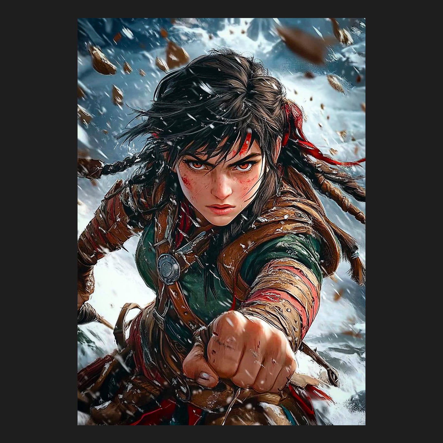 Das Motiv ‘Kriegerin der Sturmklingen’ präsentiert eine furchtlose Anime-Heldin in einer intensiven und dynamischen Szene. Dieses epische Poster mit starker Heldin ist eine inspirierende Gaming-Wanddeko und ein großartiges Geschenk für Anime- und Gaming-Fans.