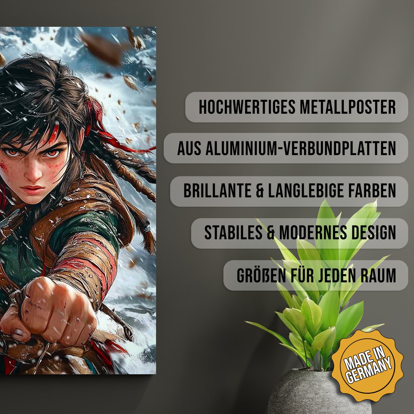 Produkt-Highlights zum Metallposter Kriegerin der Sturmklingen. Hochwertiges Metallposter, aus Aluminium-Verbundplatten, Brillante & langlebige Farben, stabiles & modernes design, Größen für jeden Raum, Made in Germany.